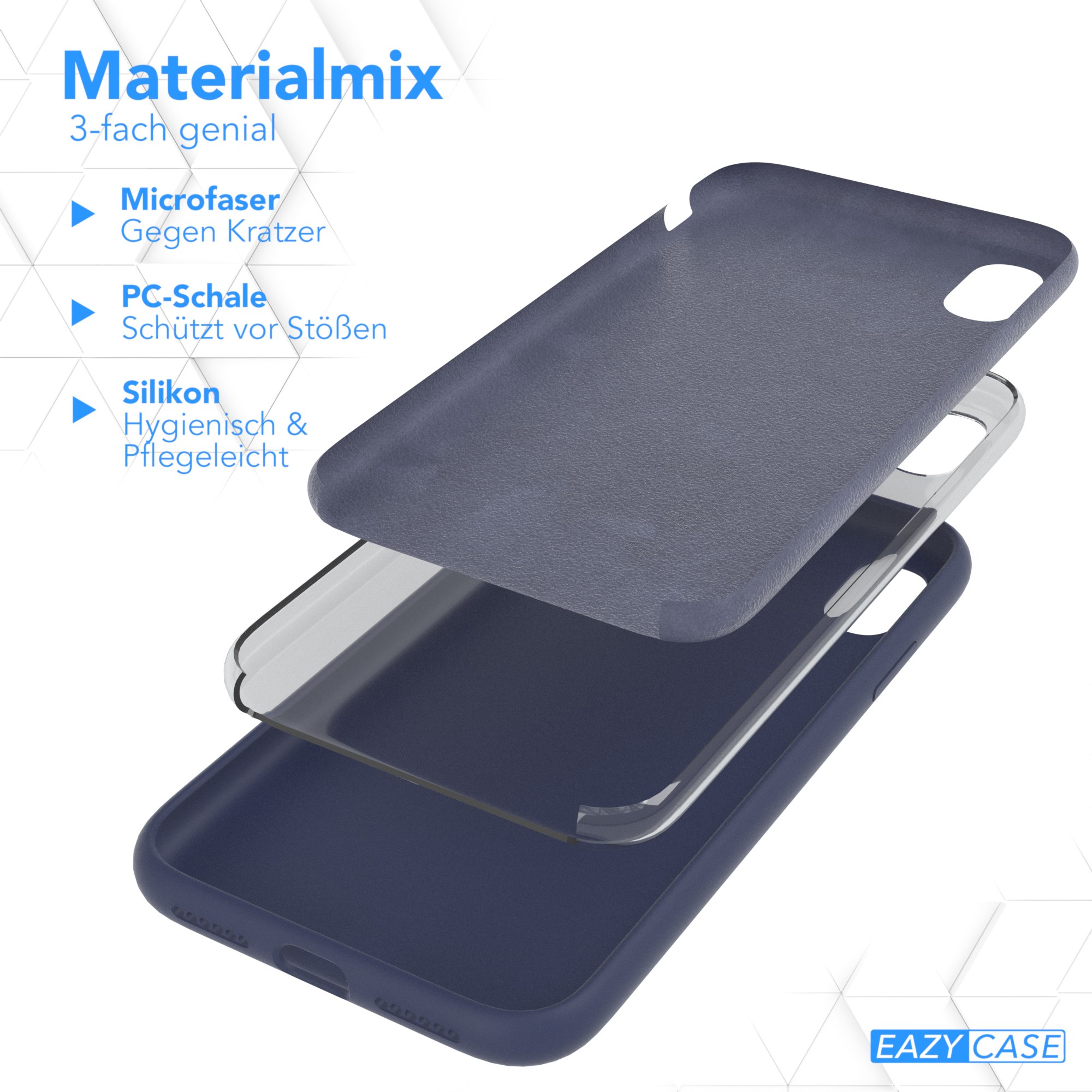 Handyhülle-Schichten in Marineblau, Transparent und Weiß, mit Text zu Materialien.