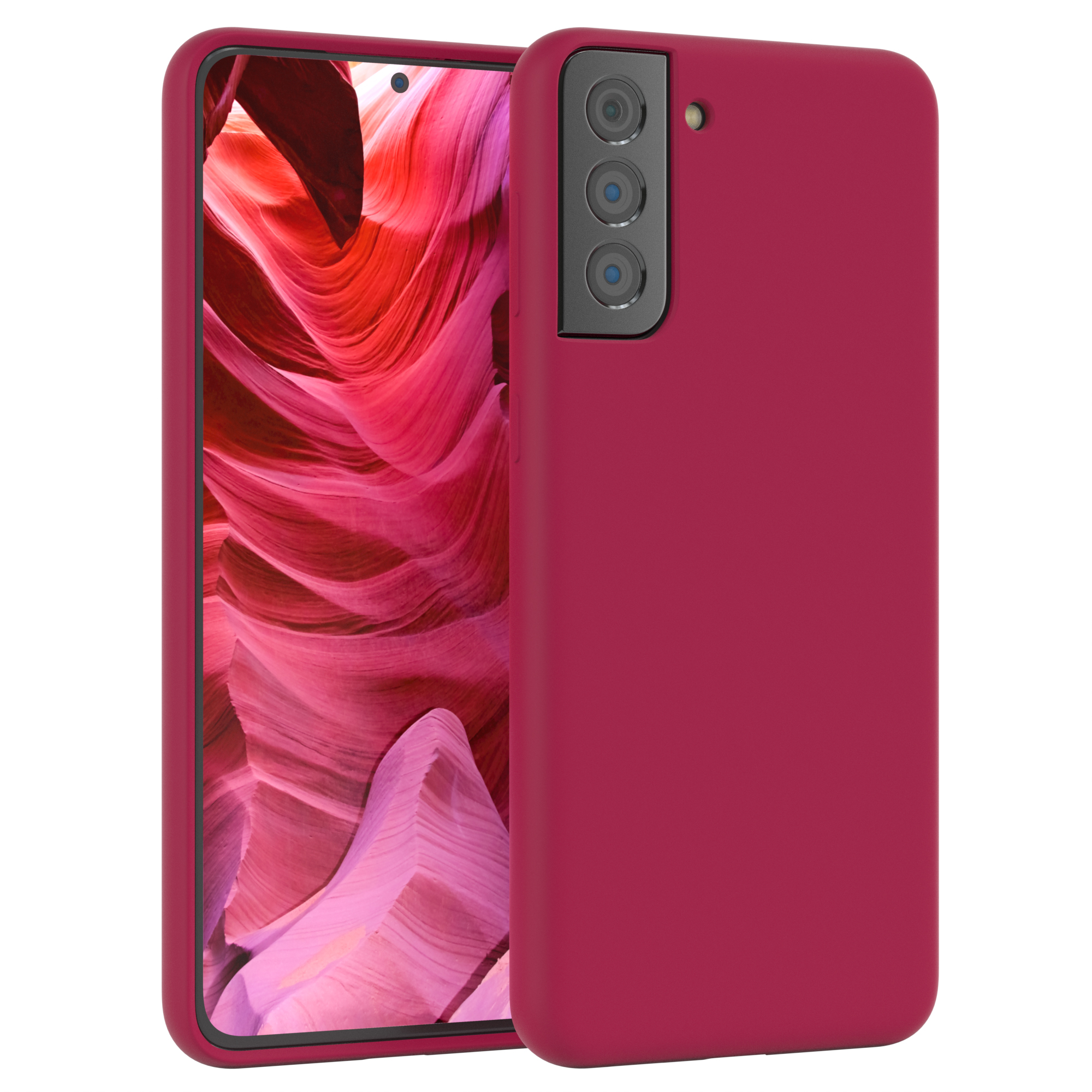Zwei Telefone, eines mit roter Hülle. Die Telefondisplays sind auf weißem Hintergrund.