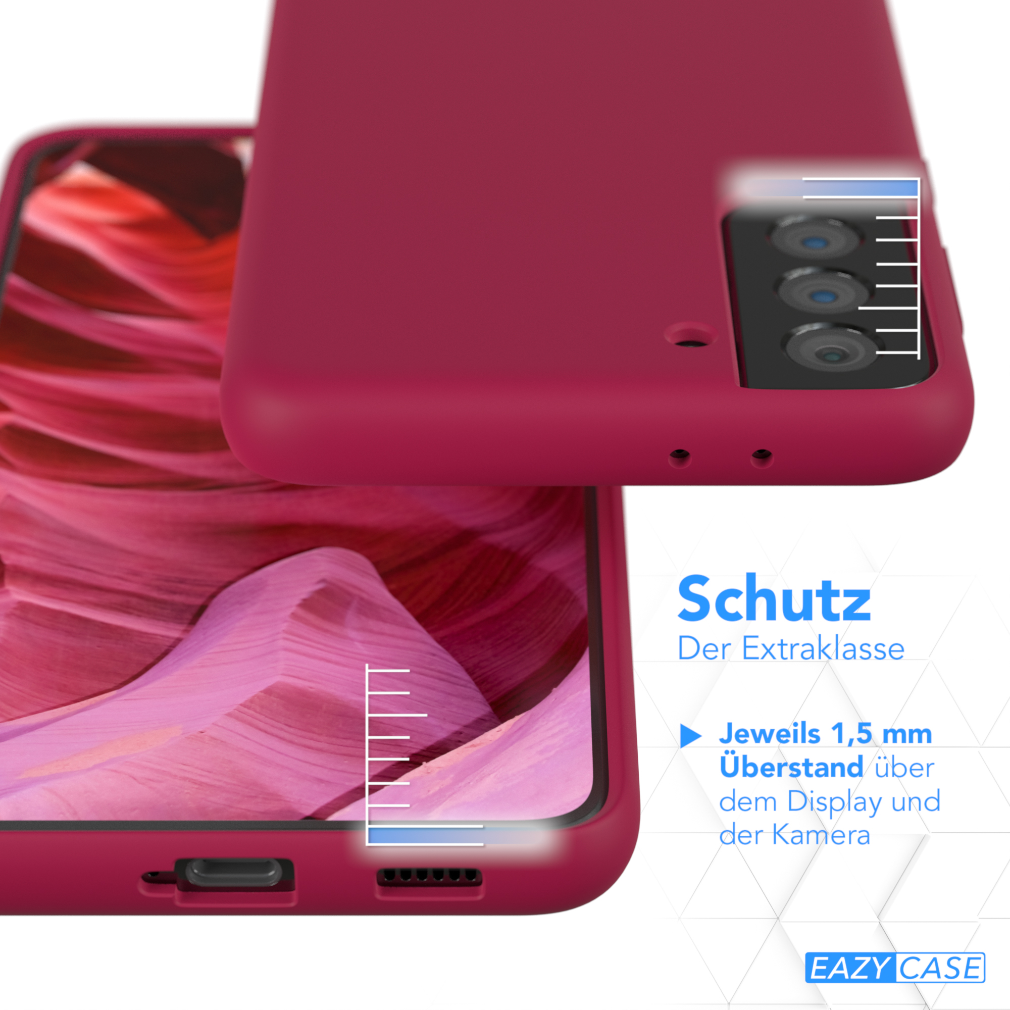 Rotes Telefon und Hülle mit Messungen und Eazy Case Logo.