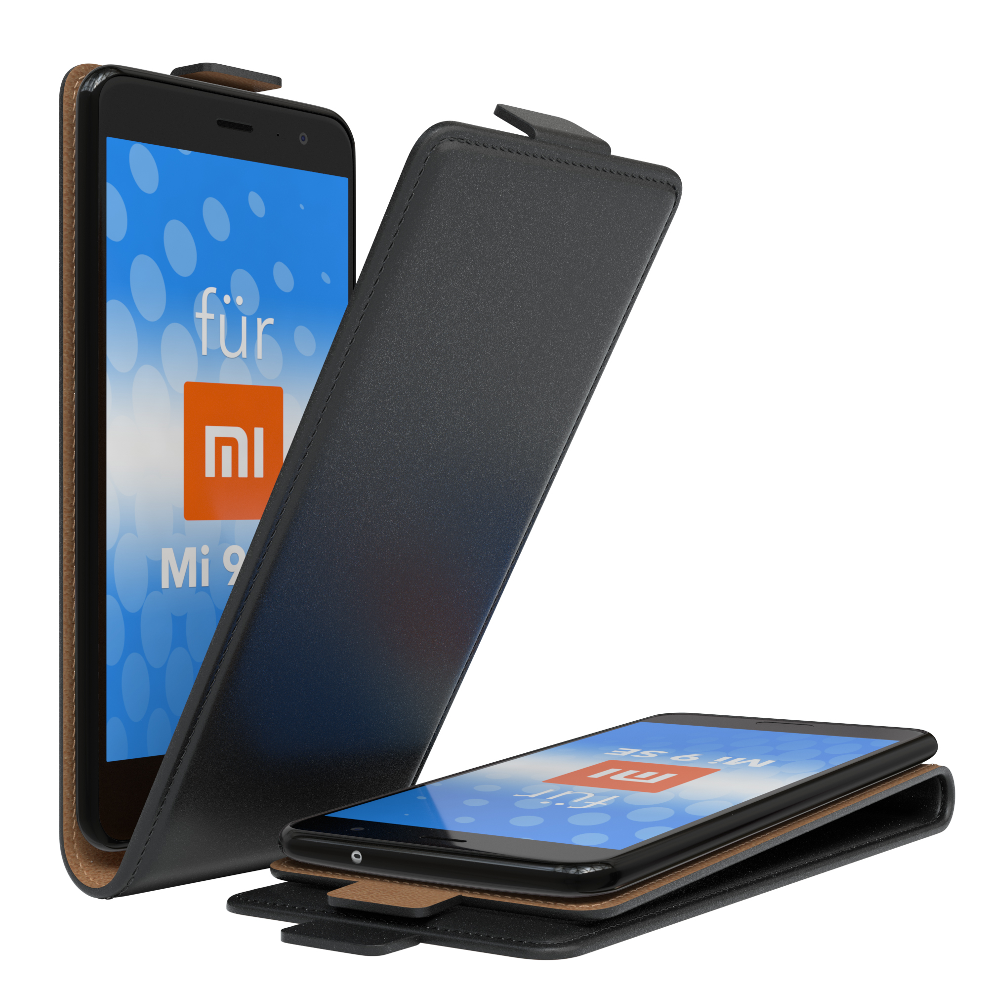 Schwarze Handyhülle, offen, mit einem Telefon darin. Der Bildschirm zeigt ein Logo.
