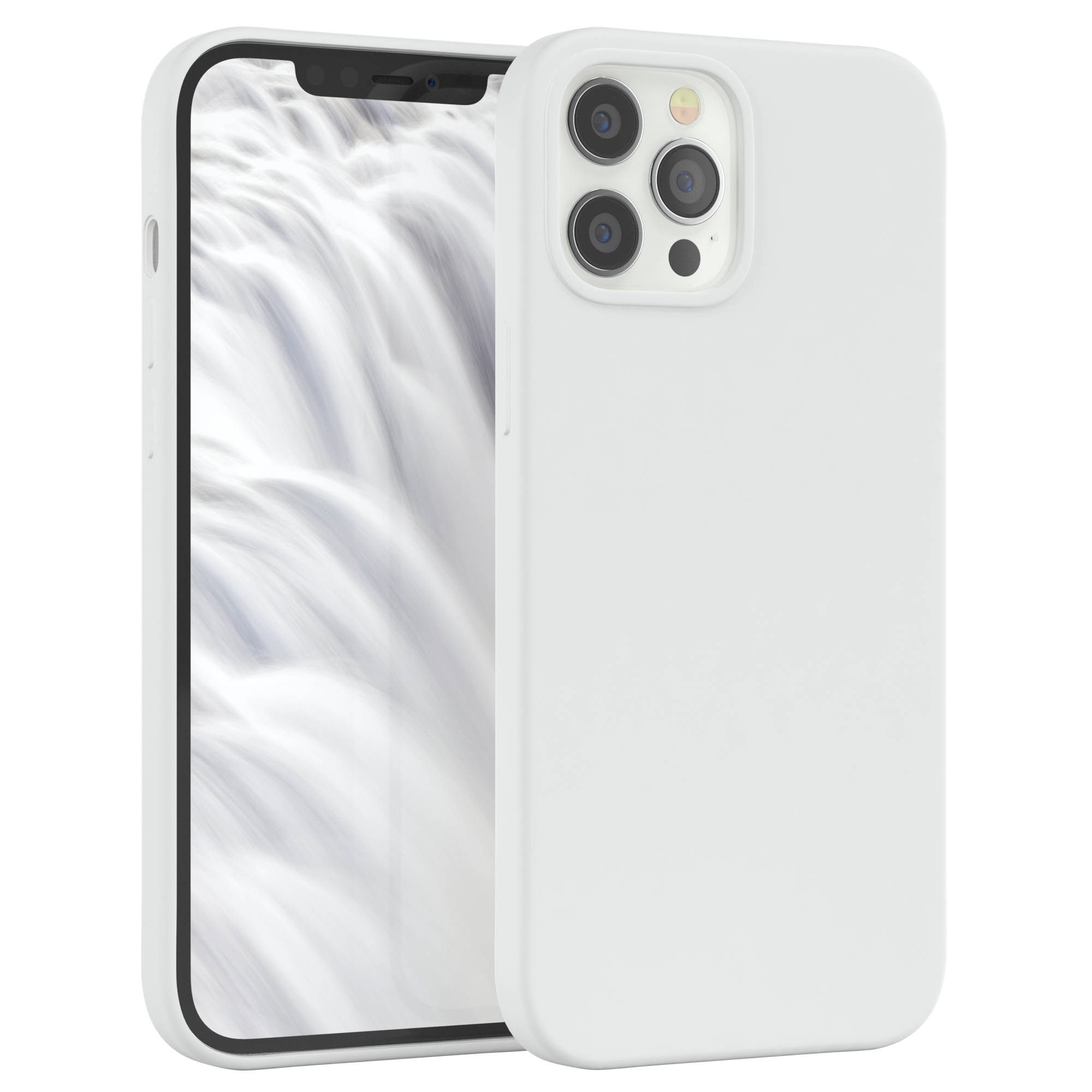 Weiße Handyhülle auf einem Handy mit Wasserfall-Hintergrund. Eine andere Hülle befindet sich rechts.