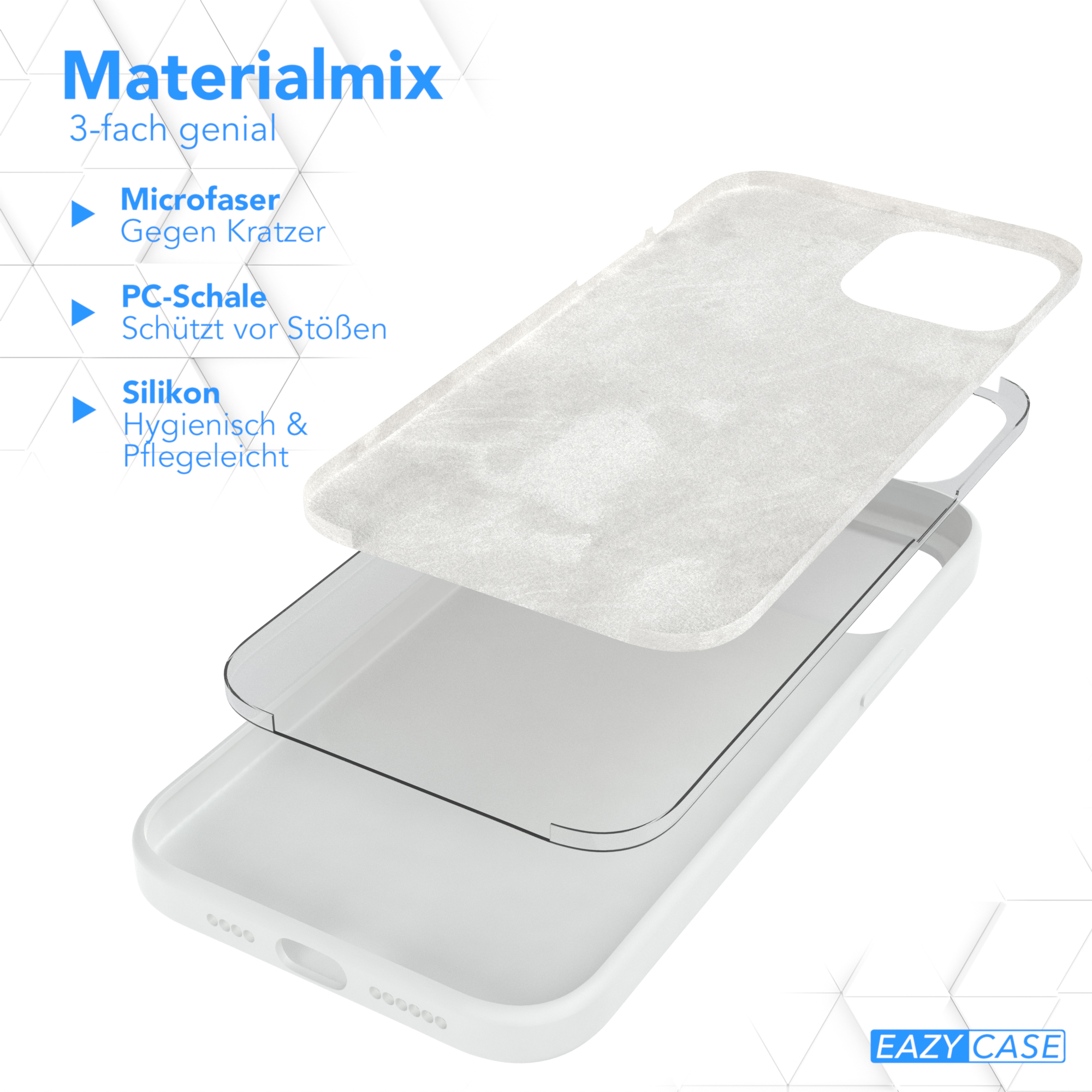 Handyhüllen-Schichten: Mikrofaser, PC-Schale und Silikon. Materialmix-Text ohne Markierungen sichtbar.