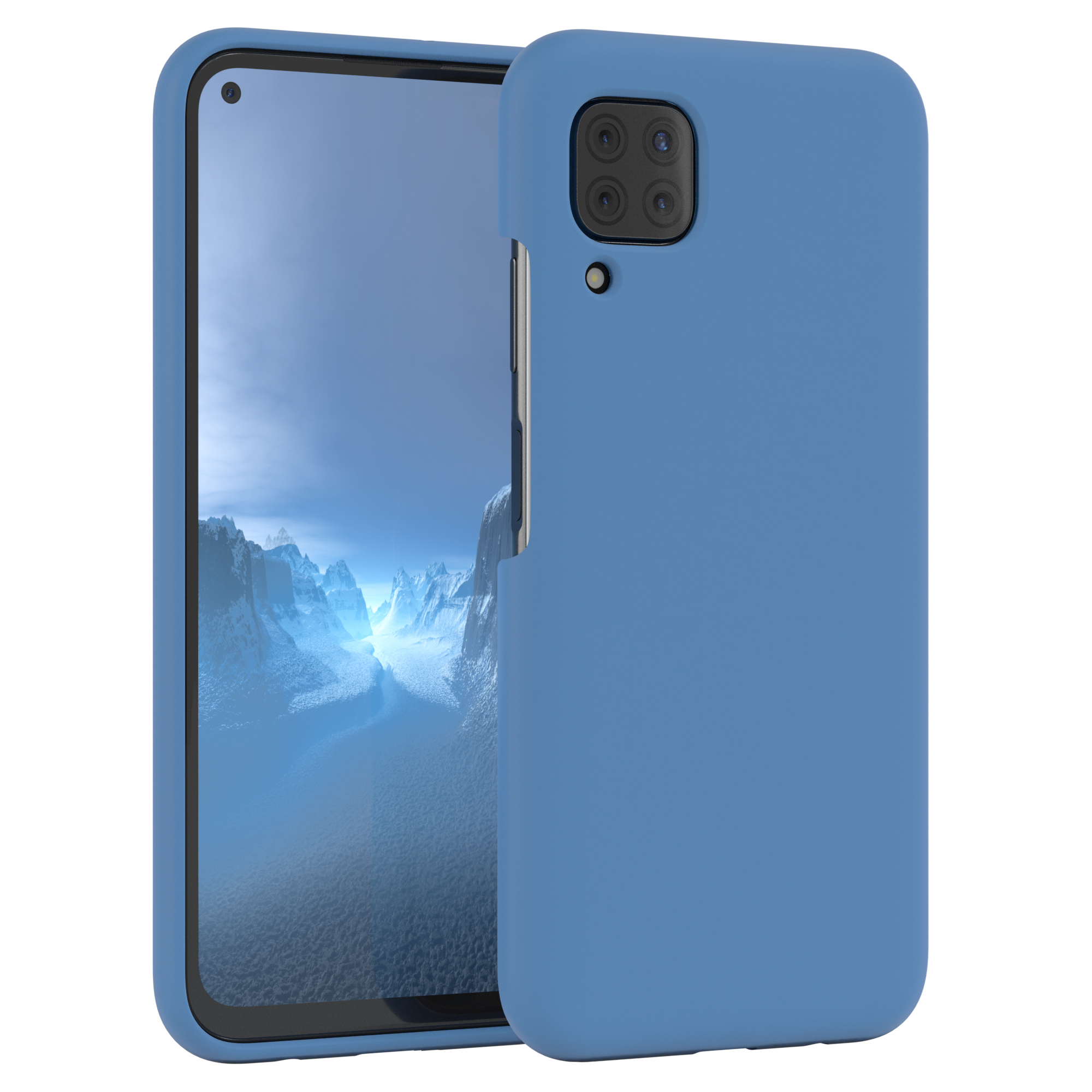Blaue Handyhülle auf einem Telefonbildschirm, der Berge zeigt. Hülle ist rechts.