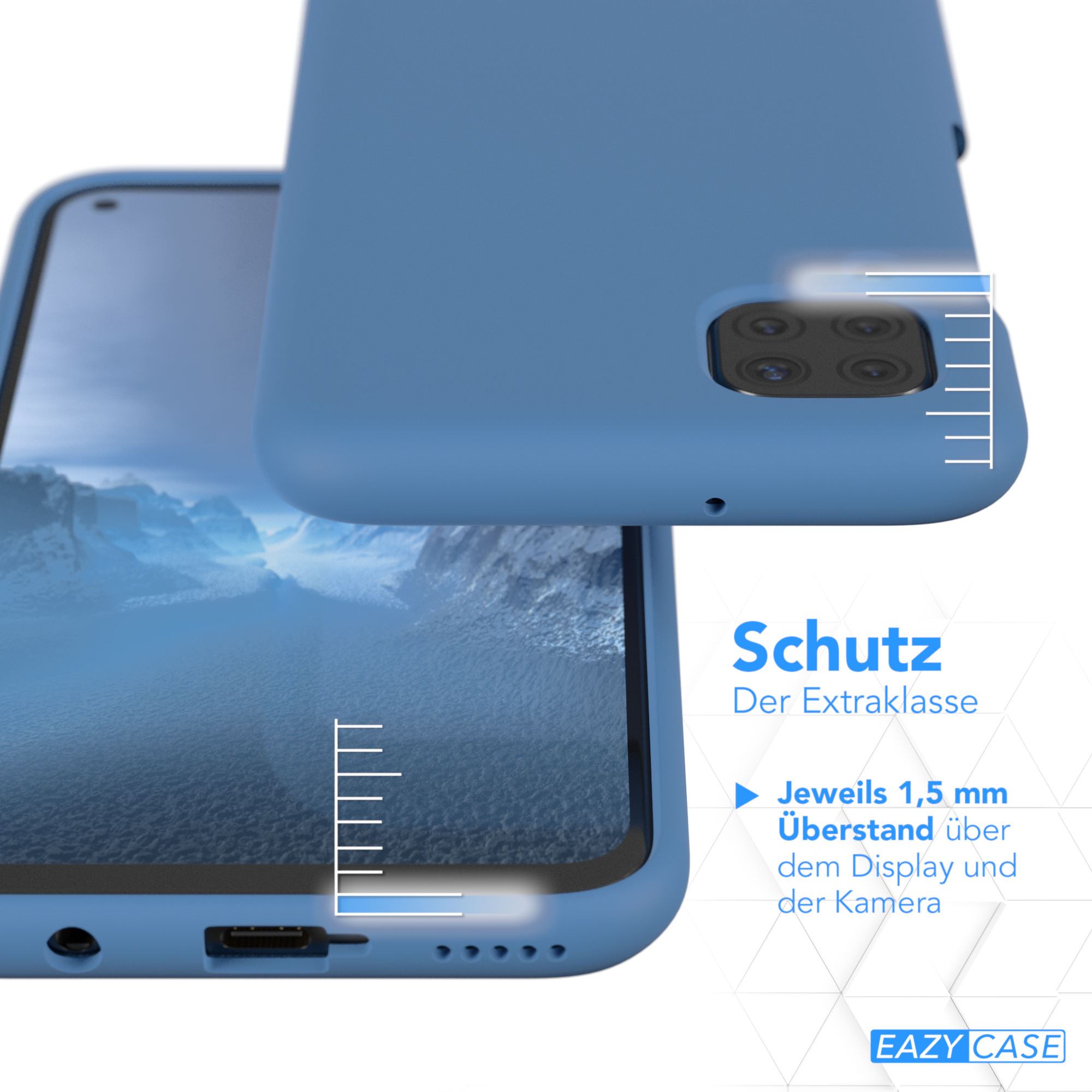 Blaue Handyhülle mit Telefon, weiße Linien zeigen die erhöhten Kanten zum Schutz.