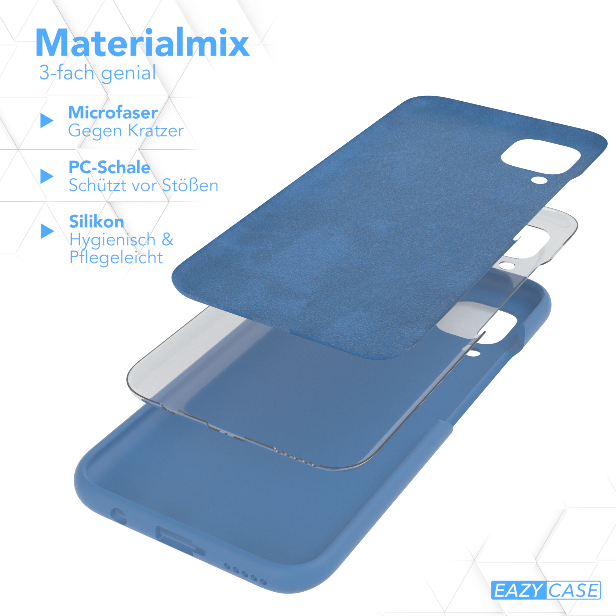 Blaue Handyhülle mit Schichten. Enthält Mikrofaser, PC-Schale und Silikonschichten. Der Hintergrund ist weiß.
