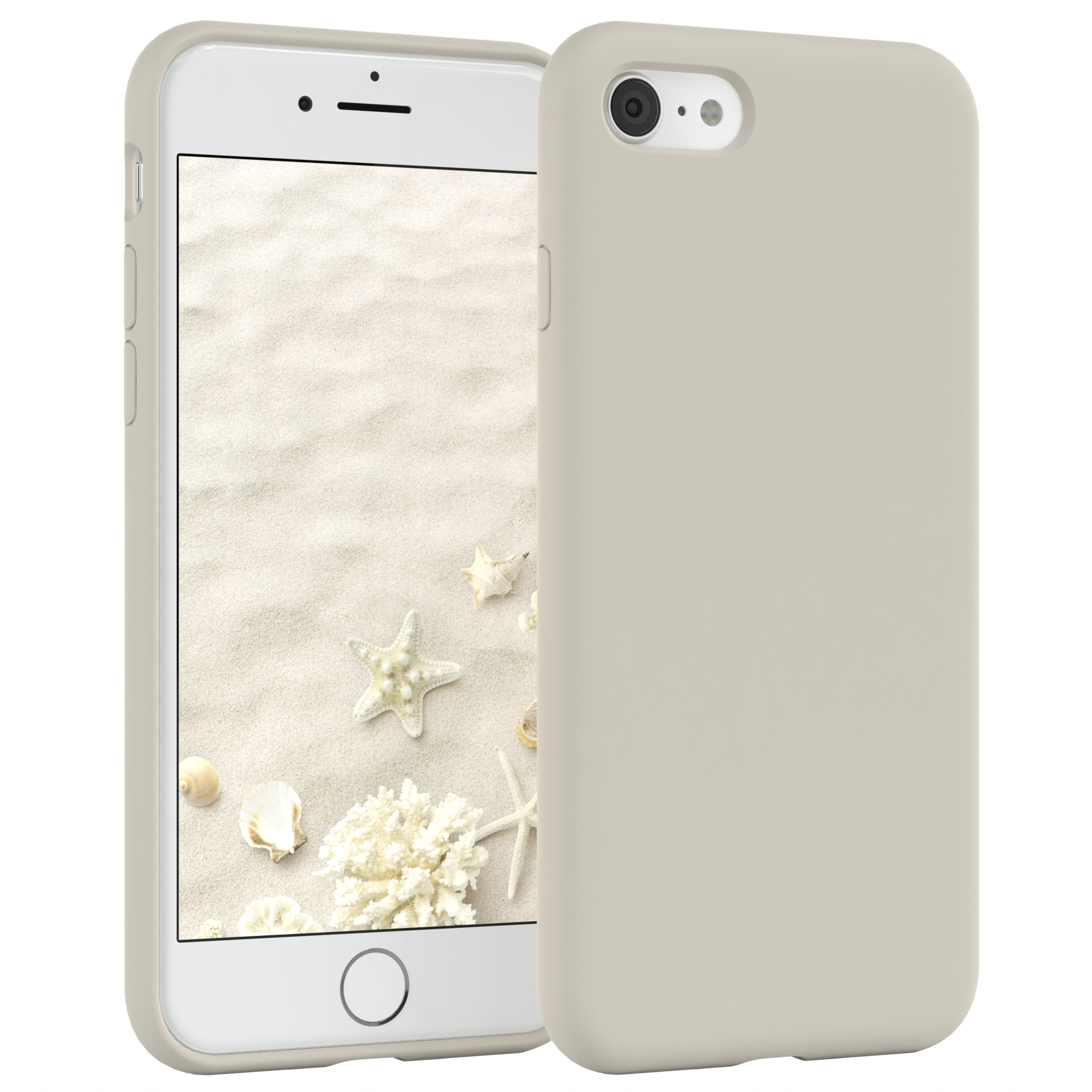 Weißes Telefon mit Hülle auf sandiger Oberfläche, mit Muscheln.