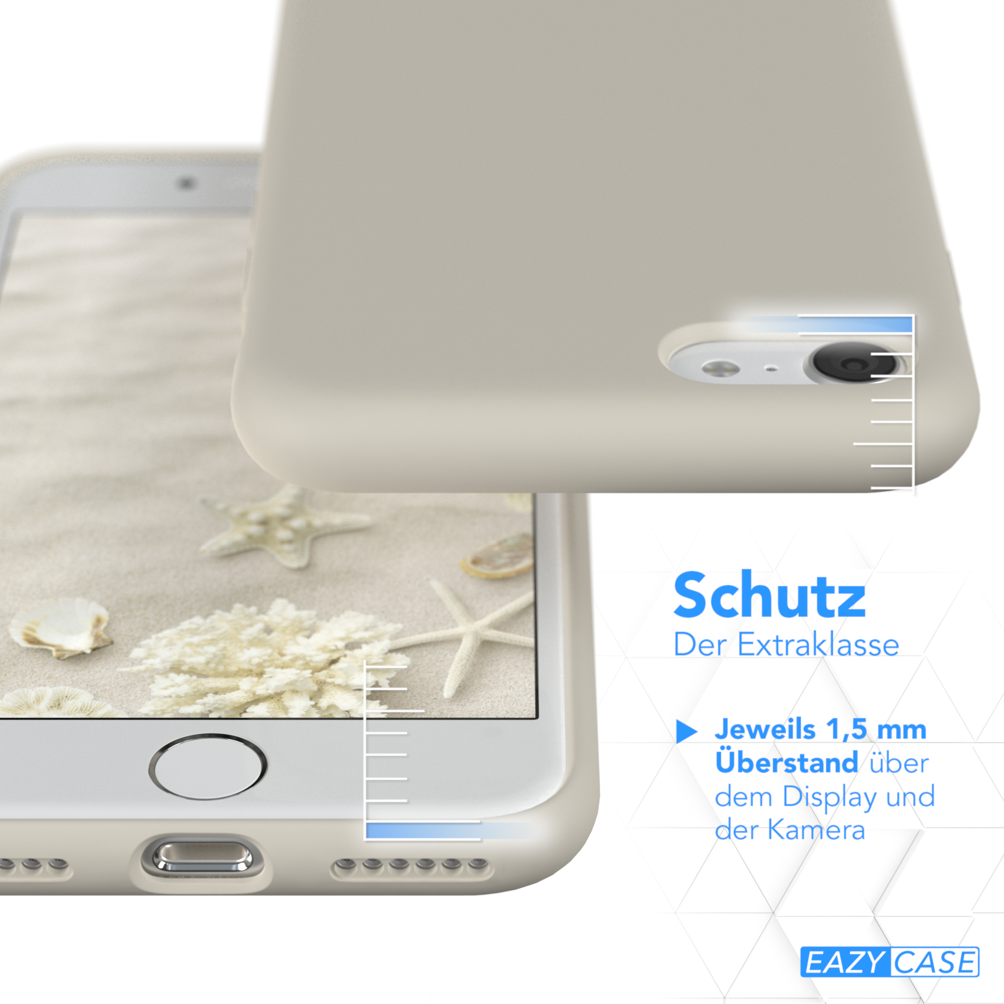 Handyhülle auf Telefon mit Sand- und Muschelbild. Die Hülle ist extra schützend.
