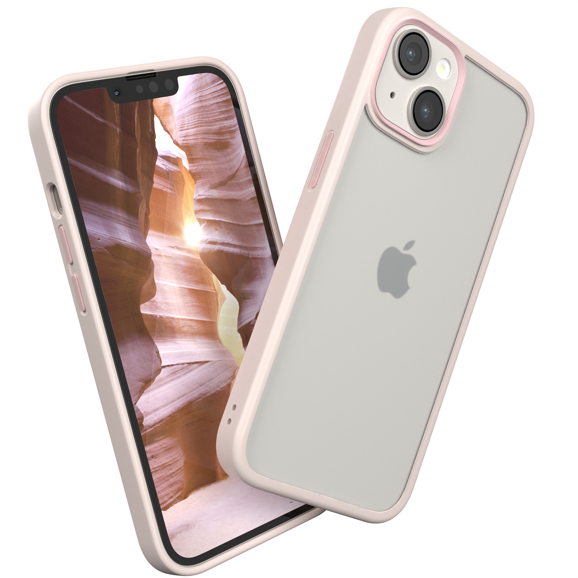 Ein rosa gerahmtes Telefon mit Canyon-Szene, neben einer klaren Hülle mit rosa Rahmen.