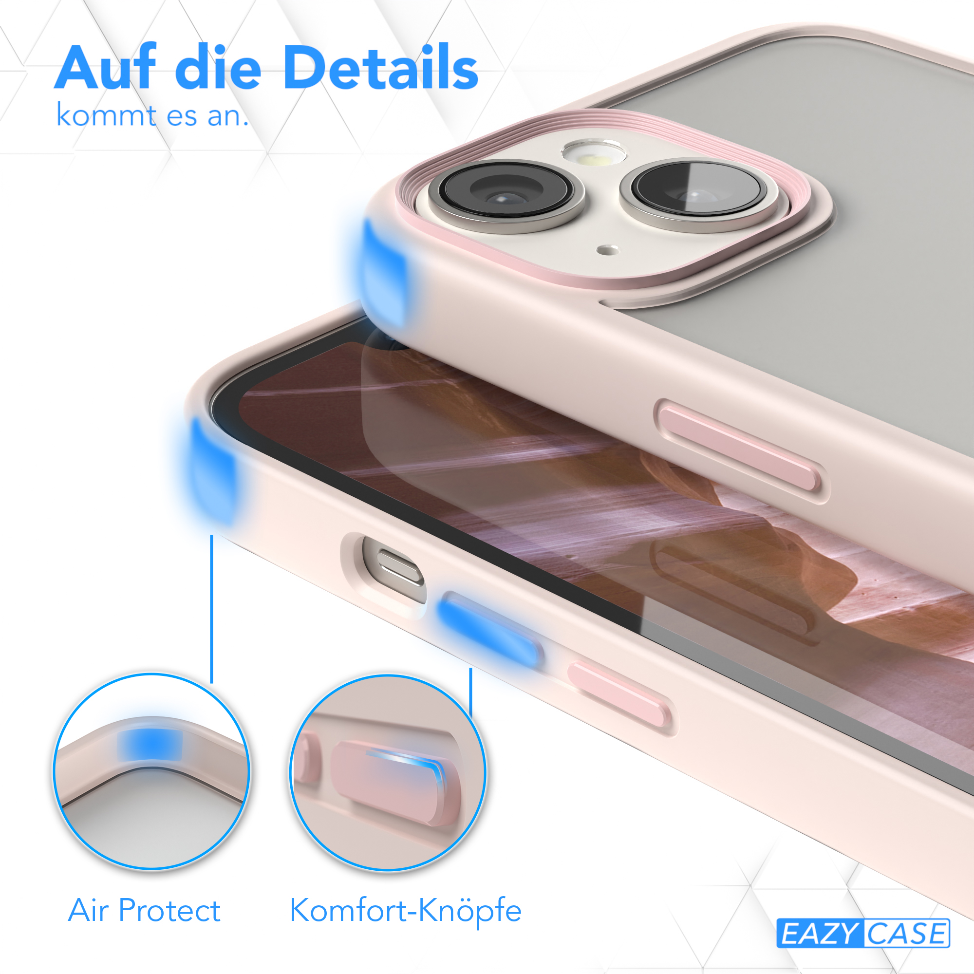 Nahaufnahme einer rosa Handyhülle mit Air Protect-Ecken und Komfort-Tasten.