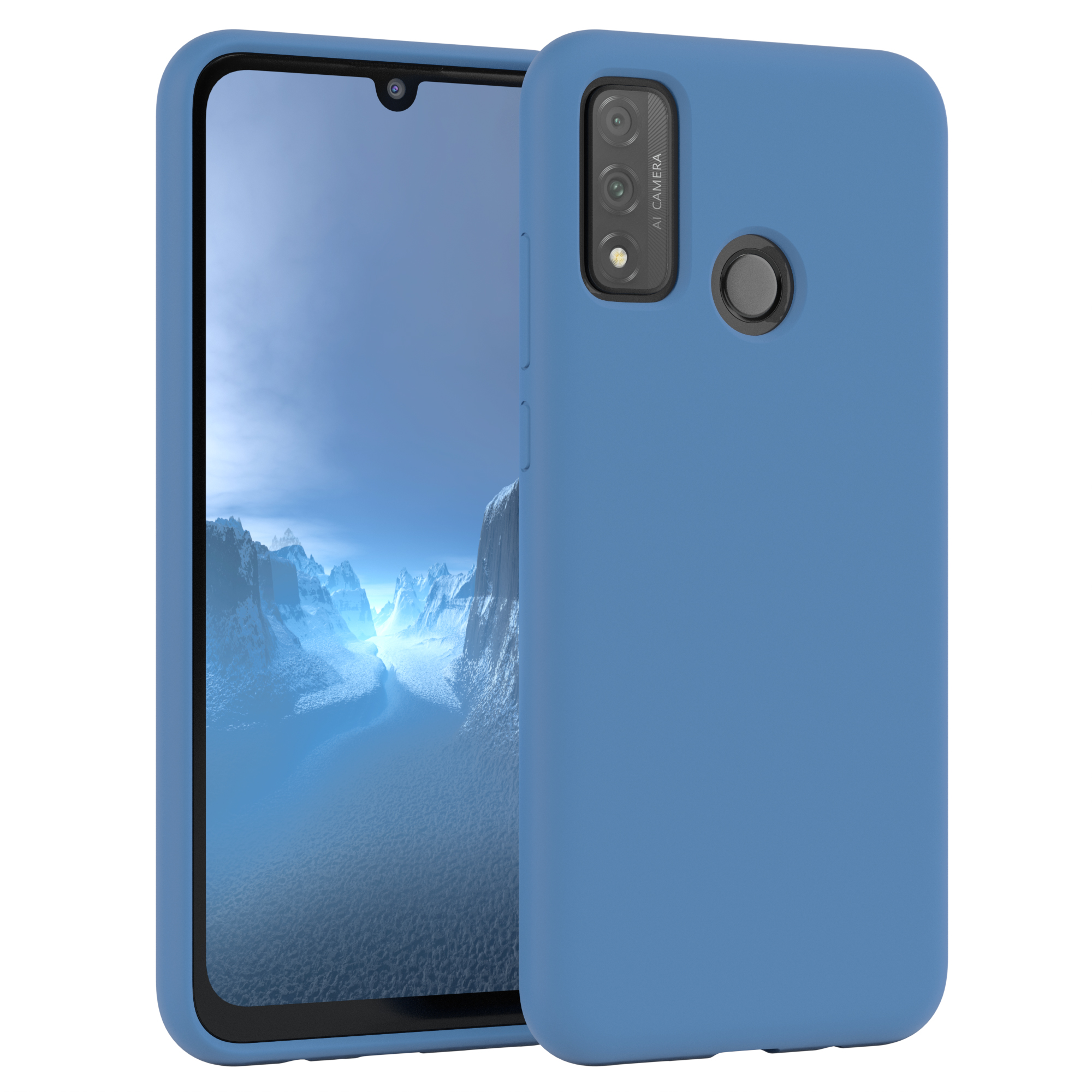 Blaue Handyhülle, mit Telefon darin. Das Telefon hat eine Kamera.