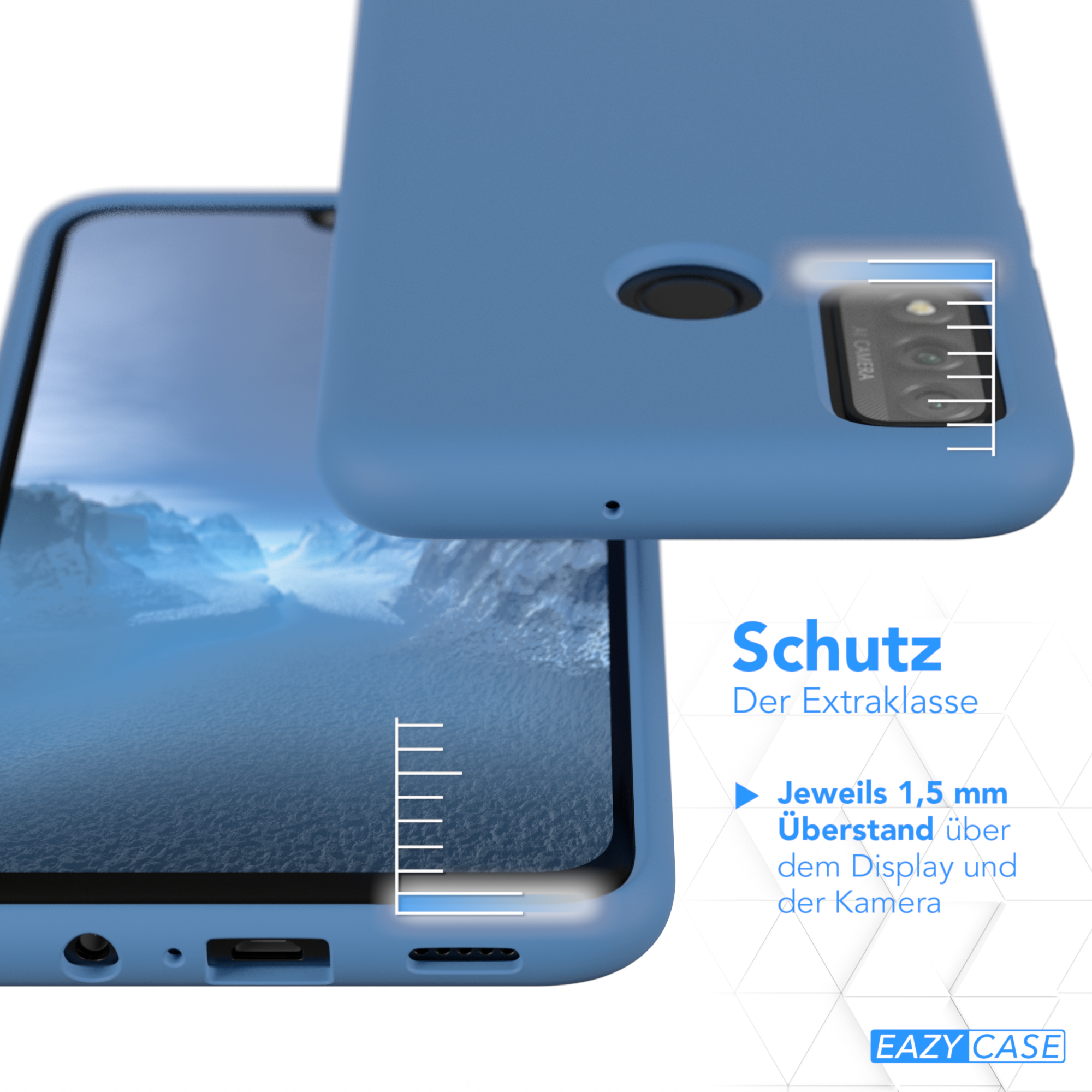 Blaue Handyhülle mit einem Telefon, das einen blauen Hintergrund zeigt. Text: Schutz, Der Extraklasse.