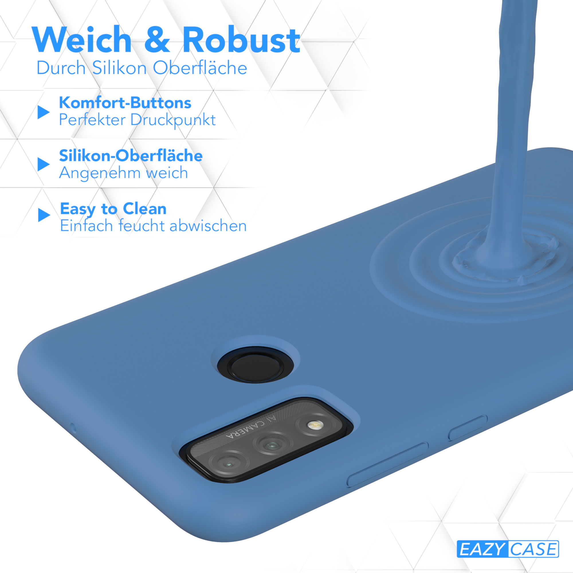 Blaue Handyhülle mit Text zum Produkt auf weißem Hintergrund. Eine blaue Flüssigkeit wird gegossen.