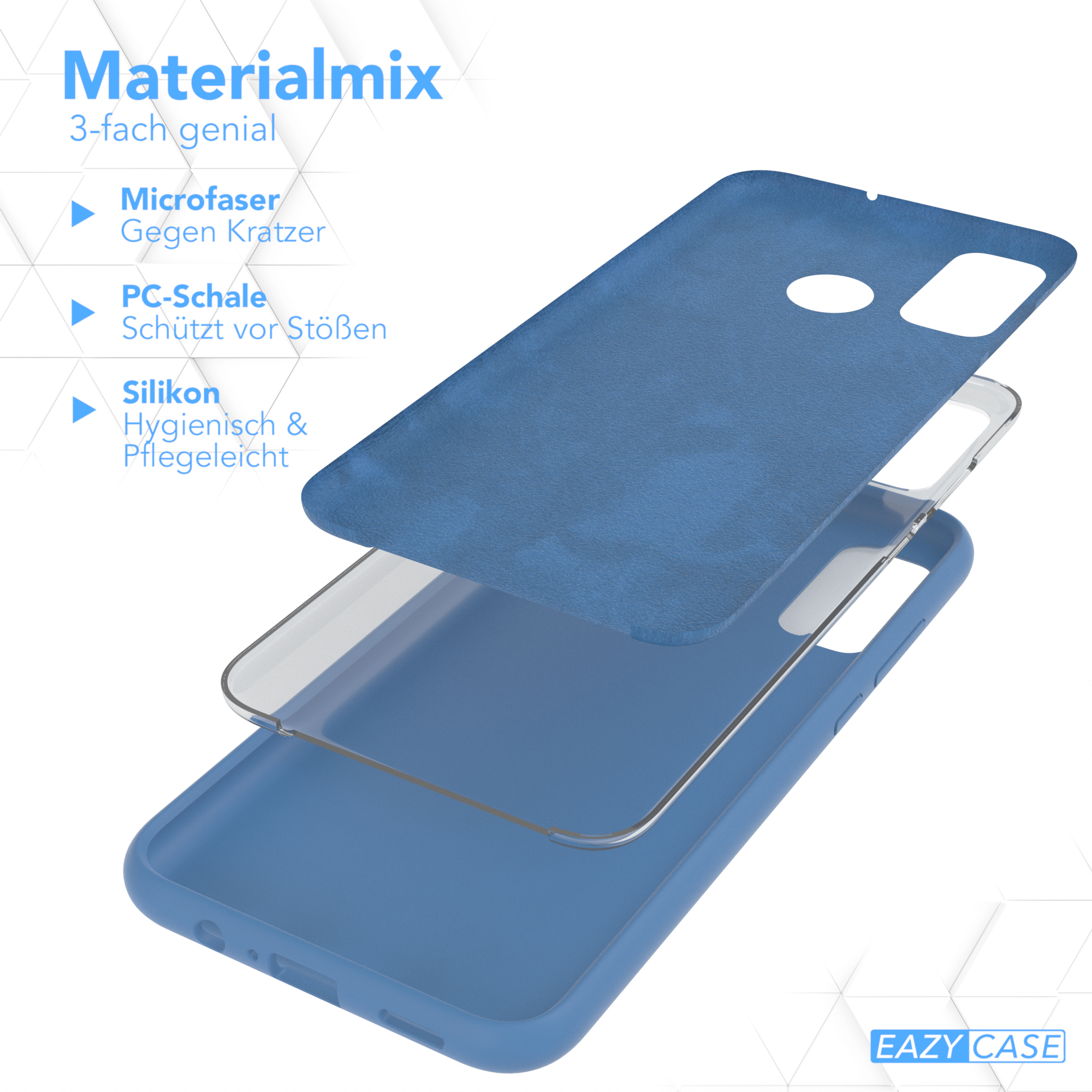 Blaue Handyhülle-Schichten: Mikrofaser, PC-Schale, Silikon. Text: Materialmix 3-fach genial.