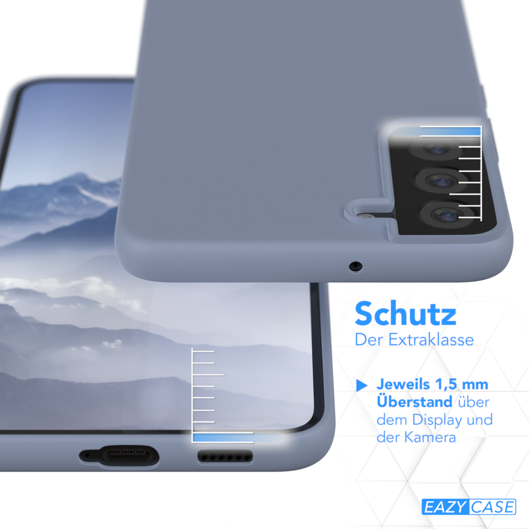 Eine blaue Handyhülle mit einem Handy darin. Text weist auf zusätzlichen Schutz für Bildschirm und Kamera hin.