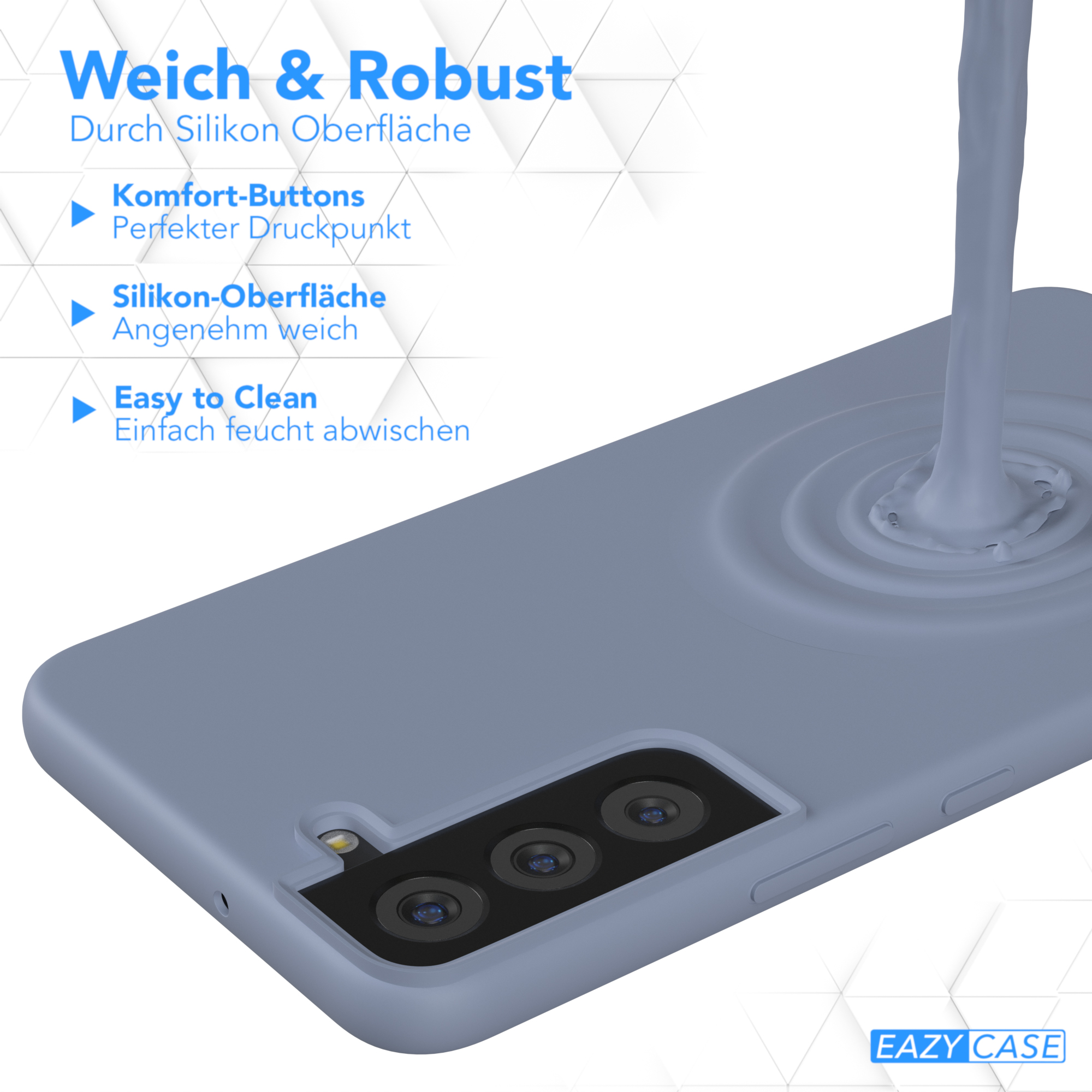 Hellblaue Handyhülle mit Flüssigkeitsspritzeffekt. Text: Weich & Robust, Silikonoberfläche.