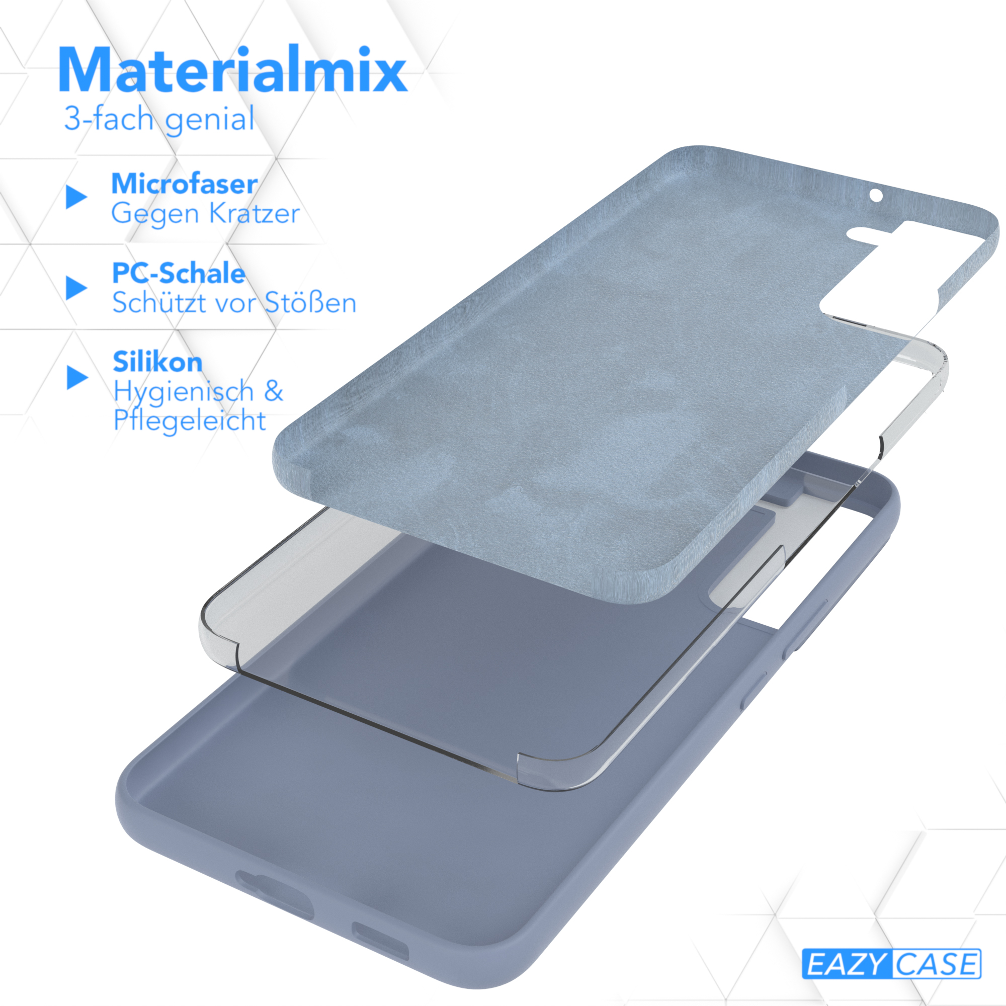 Blaue Handyhüllen-Schichten. Mikrofaser-, PC-Shell- und Silikon-Schichten werden angezeigt.