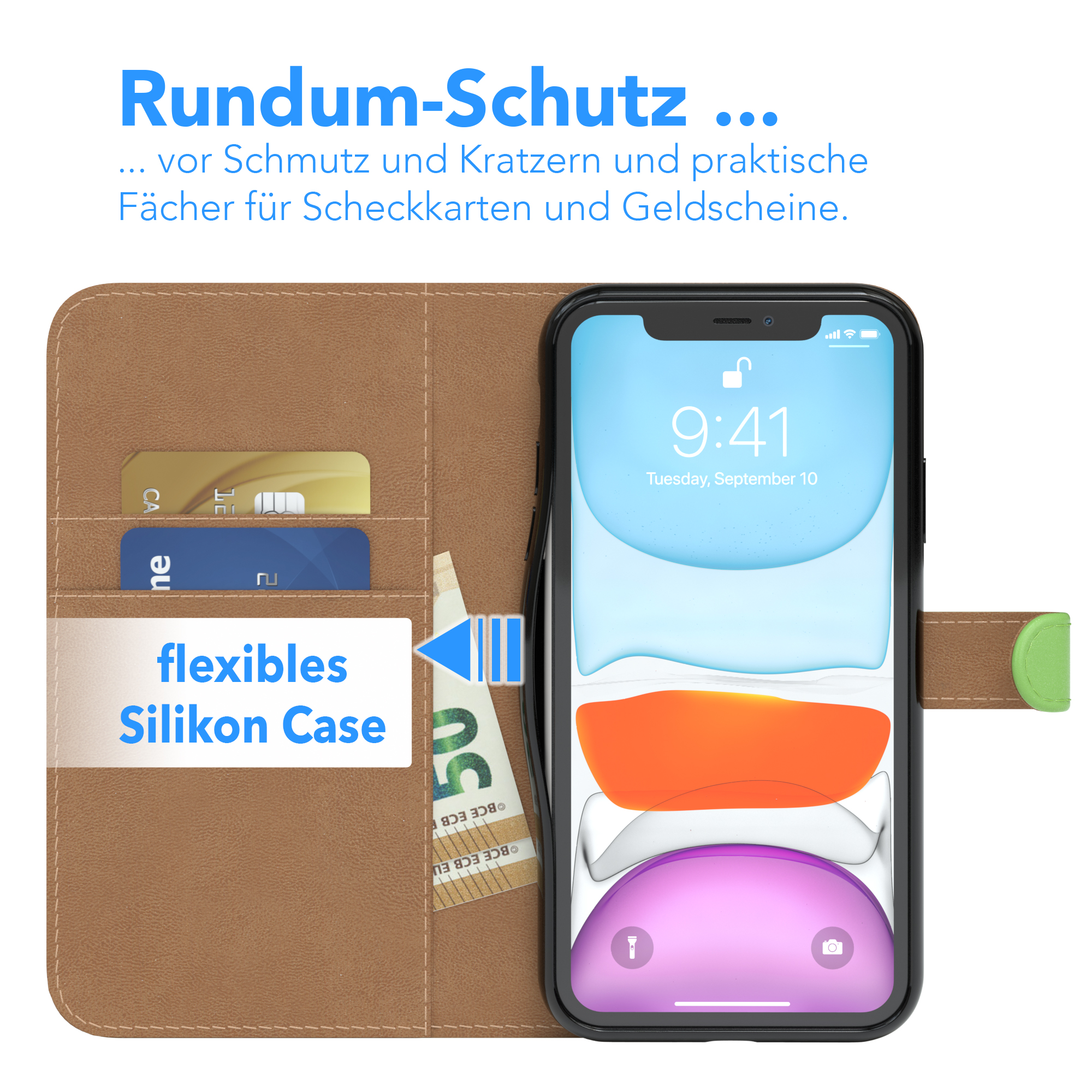 Telefon in einer braunen Lederhülle. Kreditkarten und Geld sind darin verstaut.