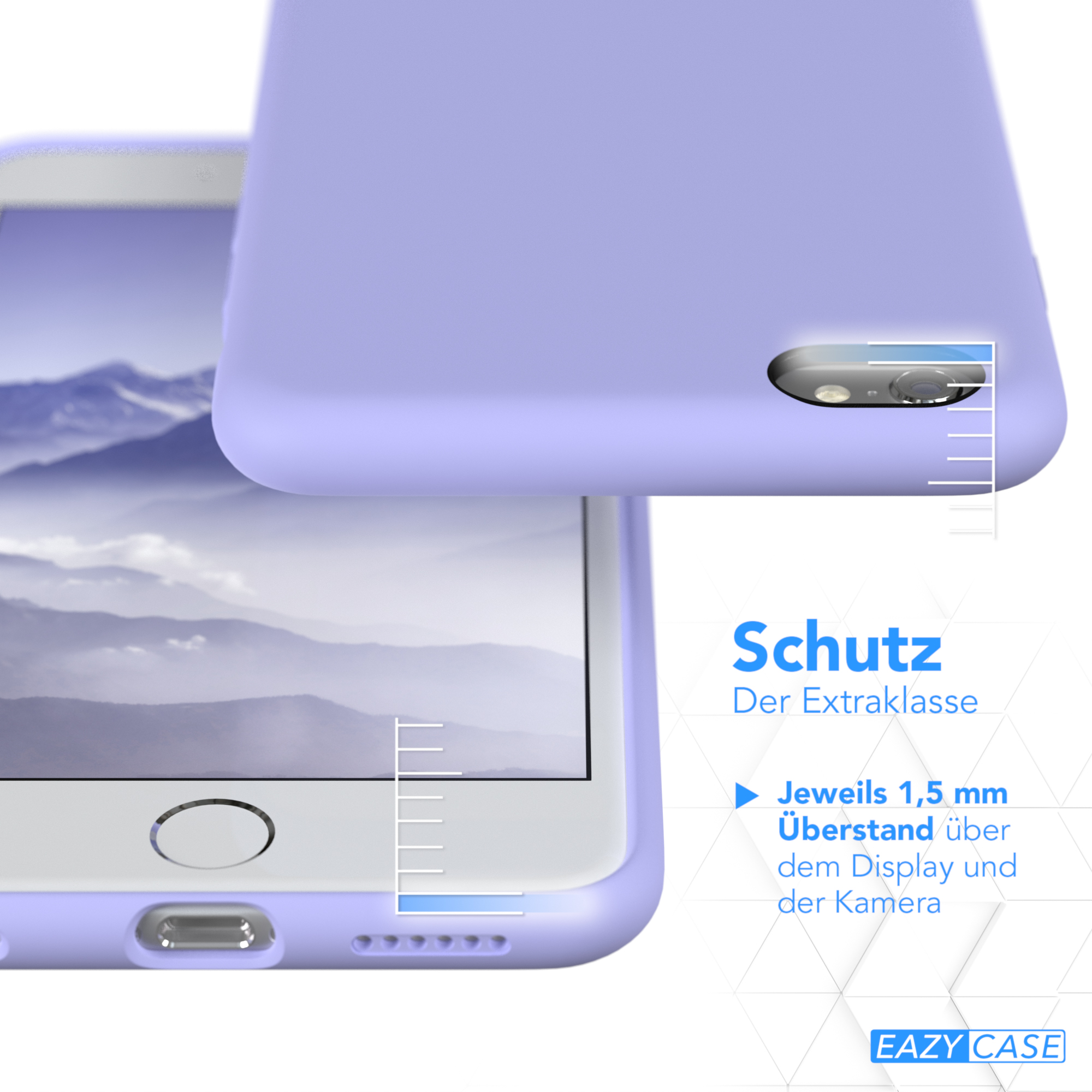 Nahaufnahme einer lila Handyhülle. Die Hülle schützt Display und Kamera.