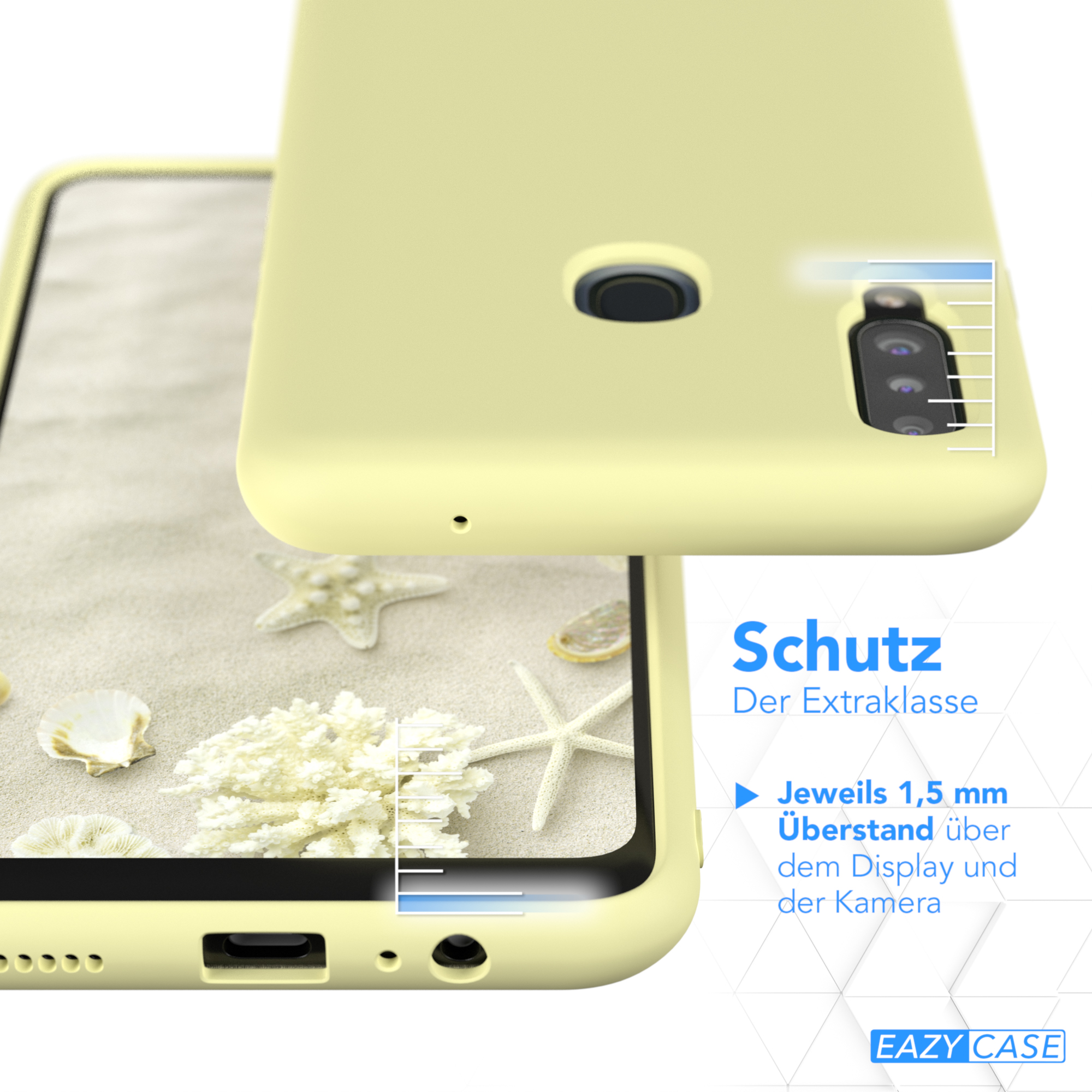 Gelbe Handyhülle. Telefon auf Sand. Text mit Schutzeigenschaften, mit Seesternen & Muscheln.