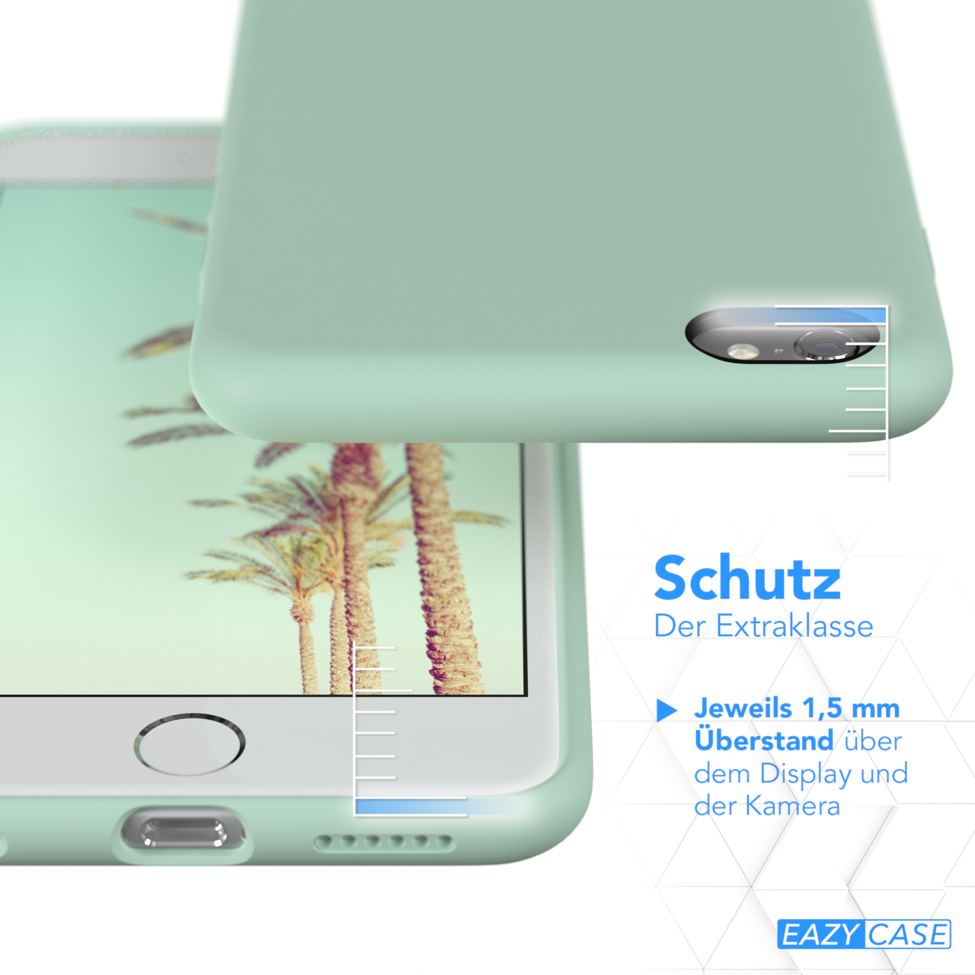 Eine mintgrüne Handyhülle mit einem Handy darin. Text weist auf zusätzlichen Schutz für Bildschirm und Kamera hin.
