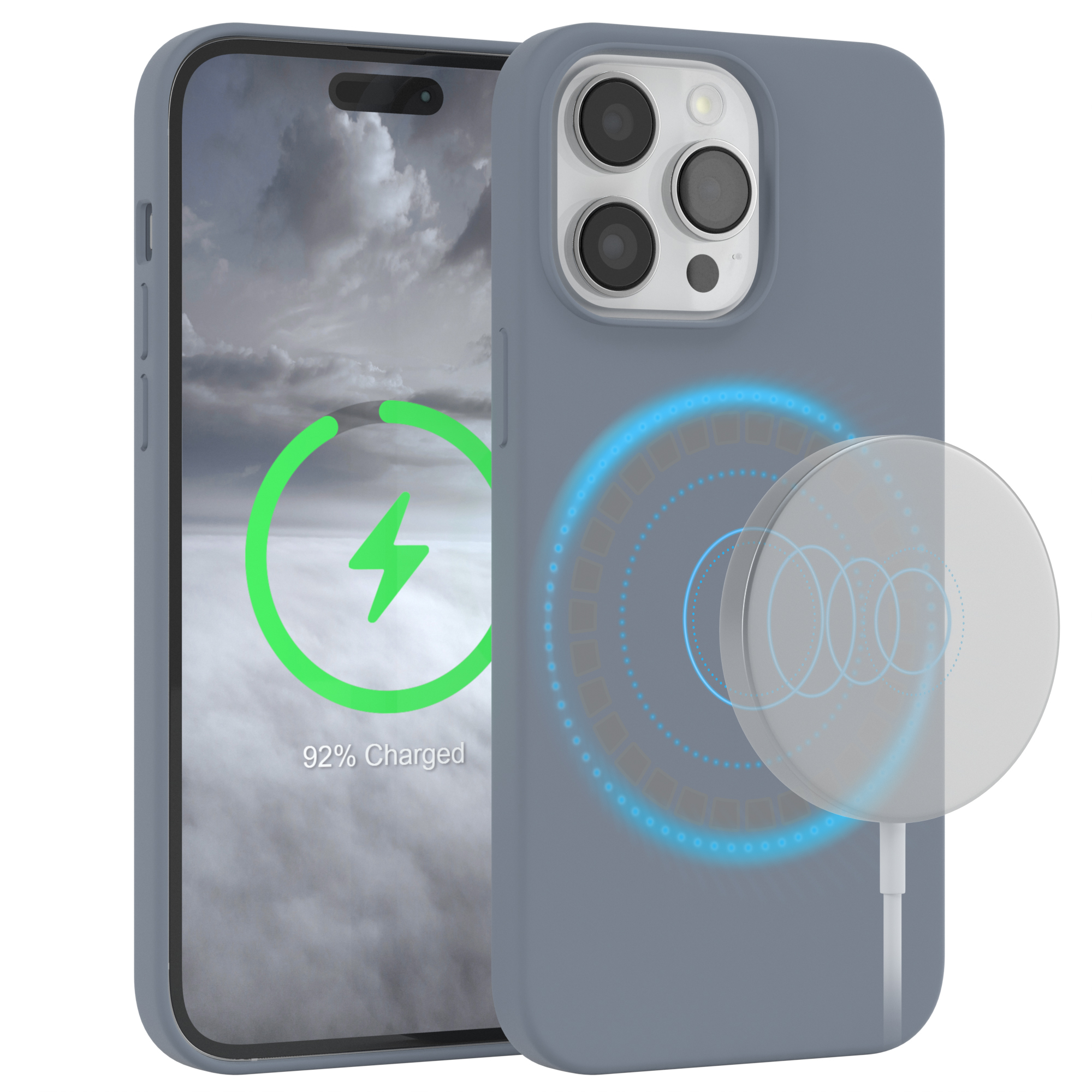 Telefon mit grauem Gehäuse und Ladepad. Blitzsymbol auf dem Bildschirm.