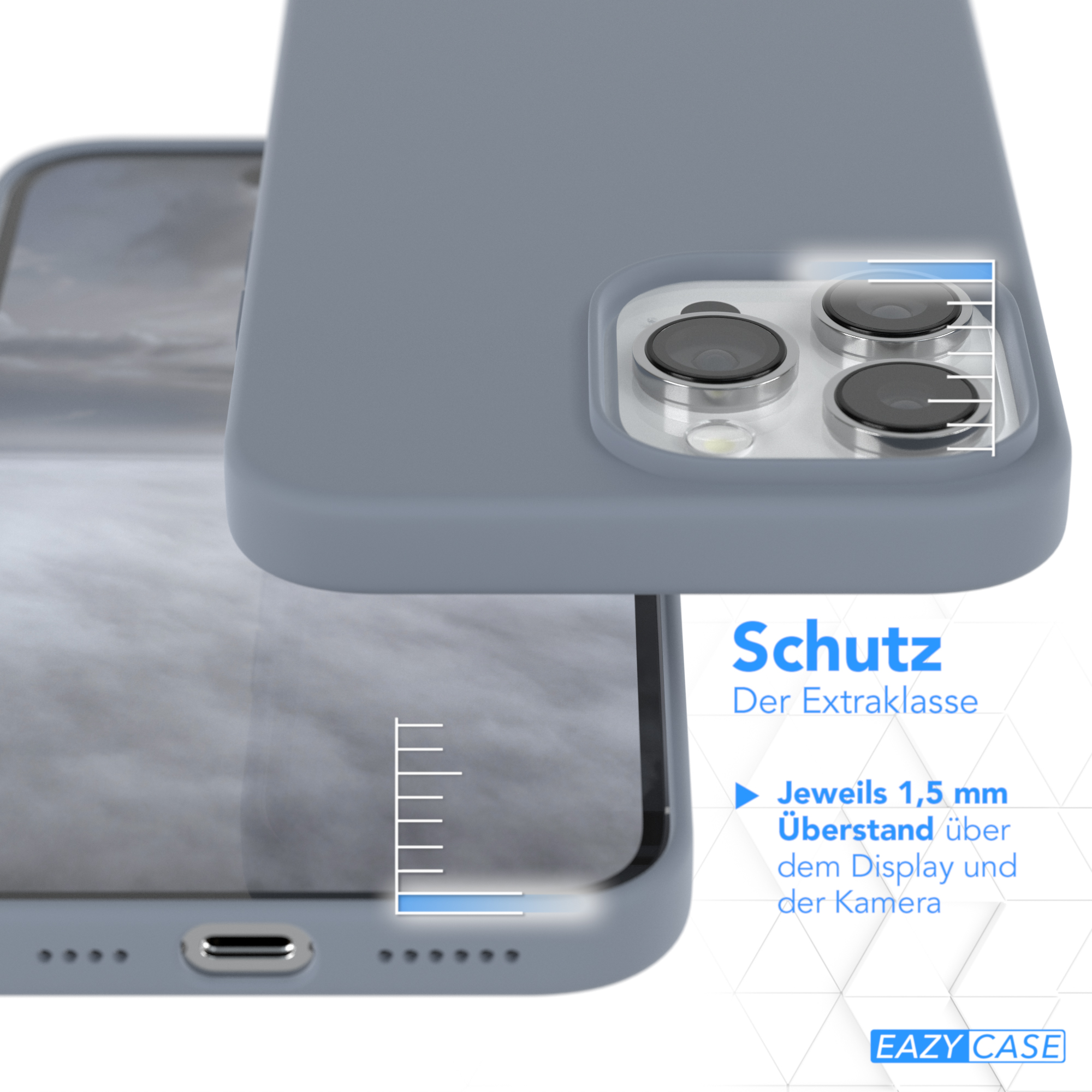 Nahaufnahme einer grauen Handyhülle, die ein Telefon schützt. Der Telefonbildschirm ist sichtbar.