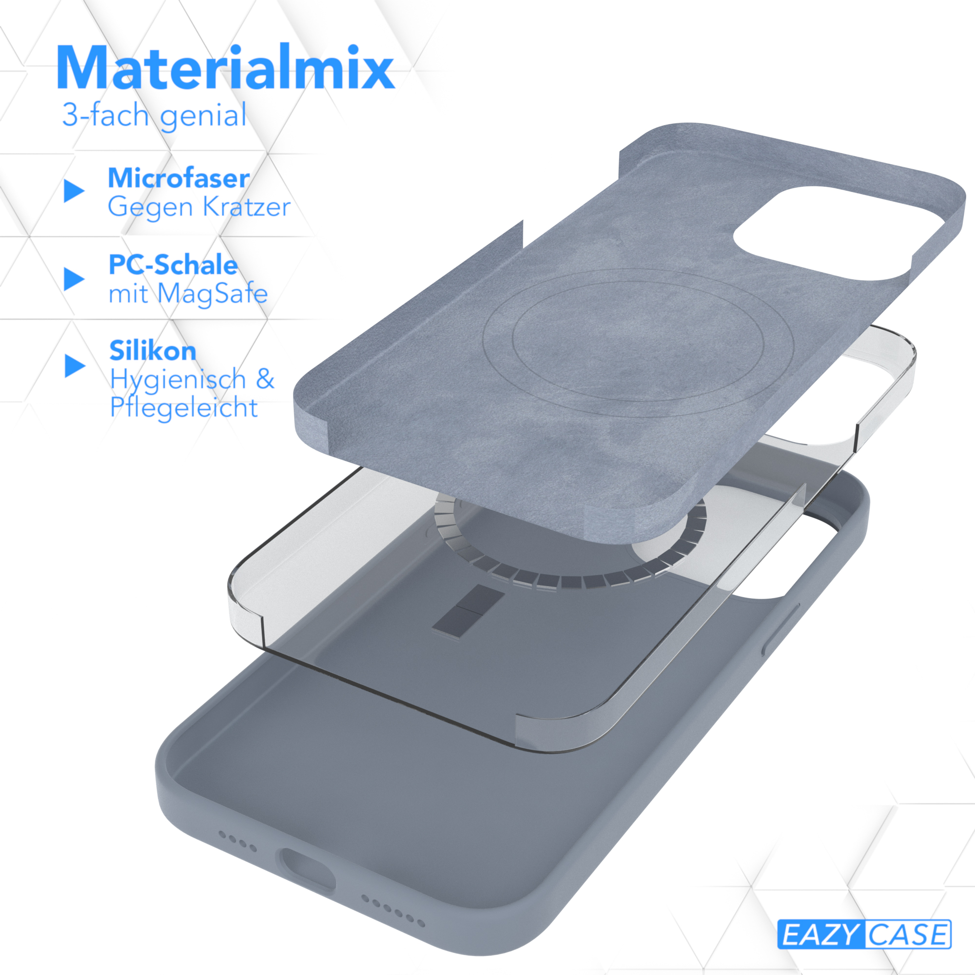 Geschichtete Handyhülle: Mikrofaser, PC mit MagSafe und Silikon.