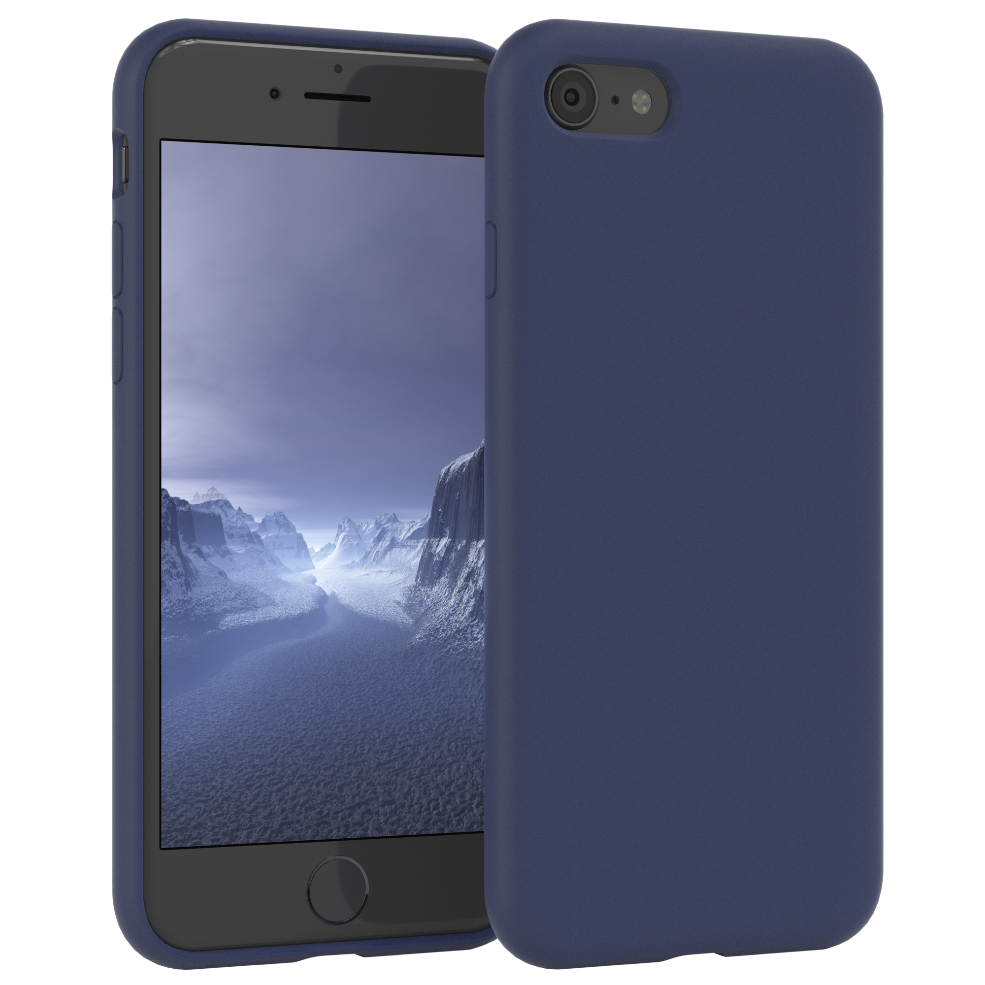 Marineblaue Handyhülle mit schwarzem Telefon. Weißer Hintergrund.