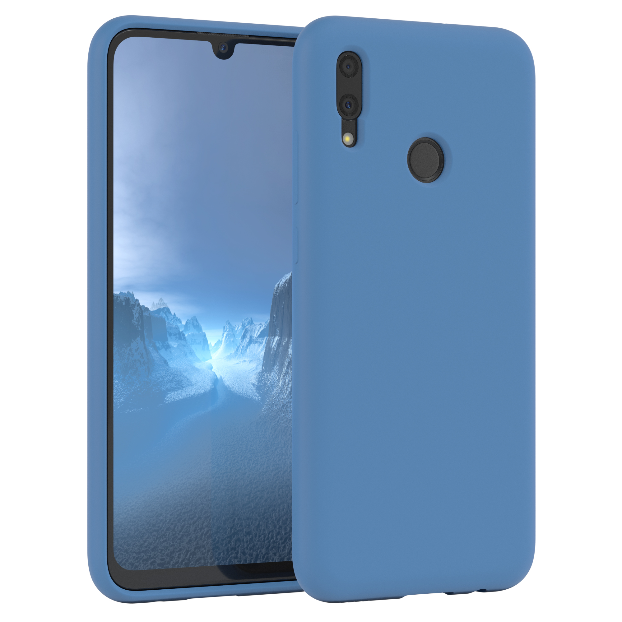 Blaue Handyhülle mit Telefon. Telefon zeigt schneebedeckte Berge. Blaue Hülle, weißer Schnee.