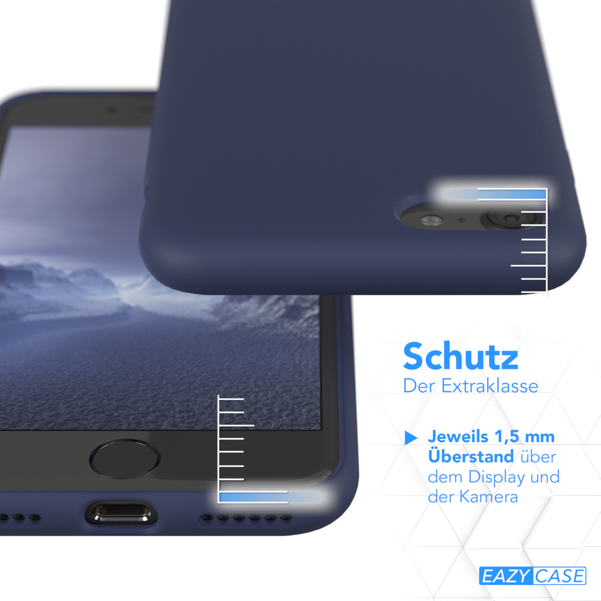 Eine dunkelblaue Handyhülle auf einem Telefon. Der Text beschreibt die Schutzfunktionen der Hülle.