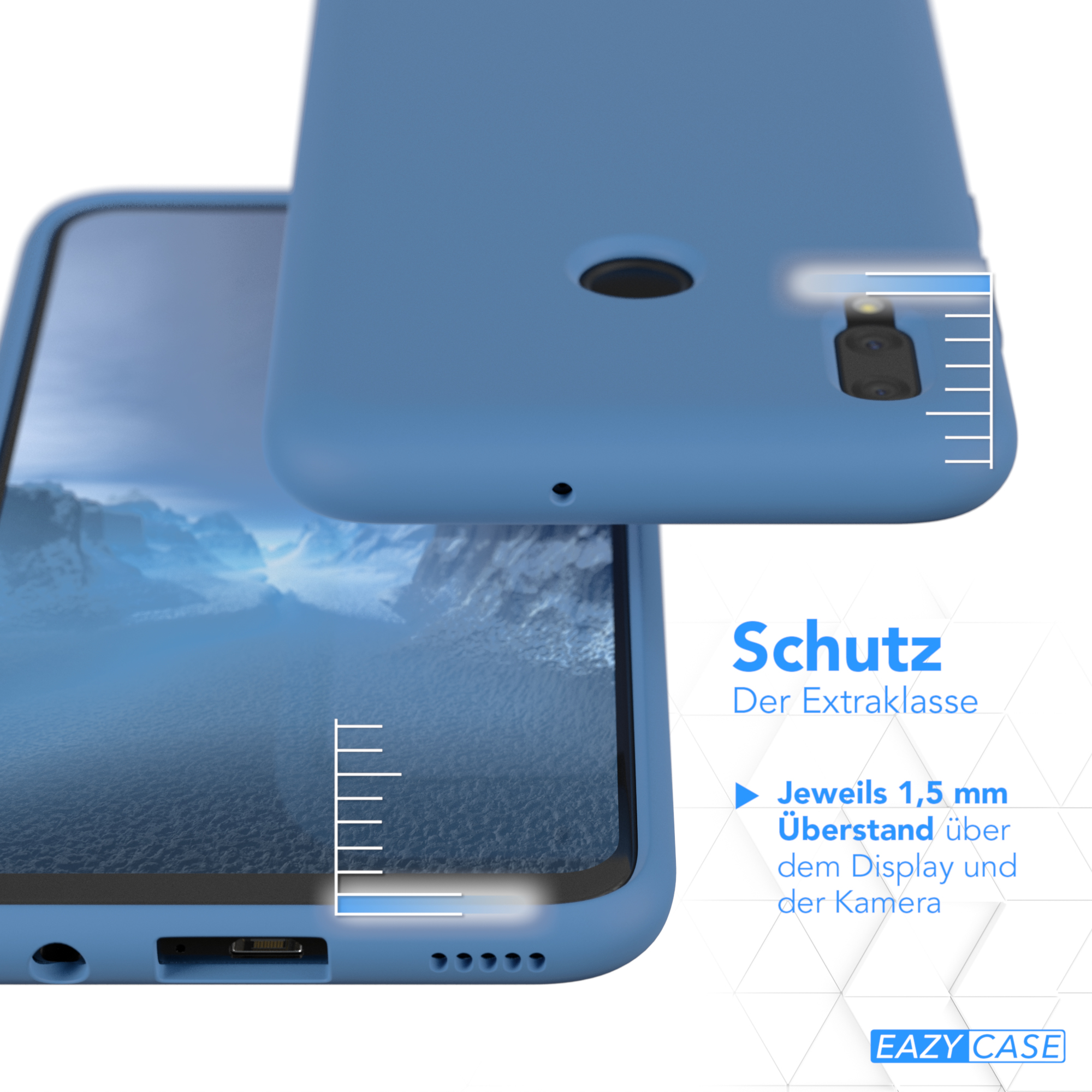 Blaue Handyhülle mit Telefon darin. Die Hülle ragt über Bildschirm und Kamera hinaus.