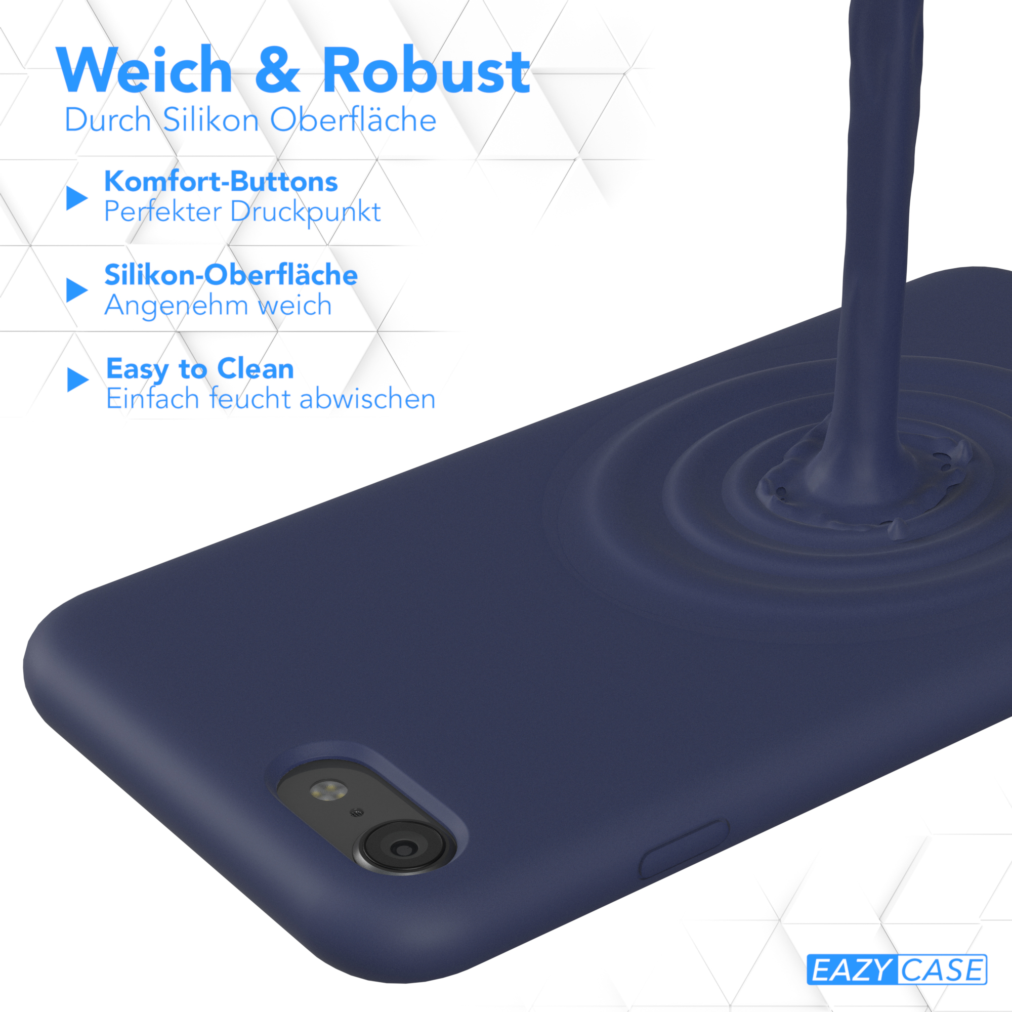 Eine blaue Handyhülle mit einem Tropfen blauer Flüssigkeit. Ein weißer Hintergrund ist dahinter.