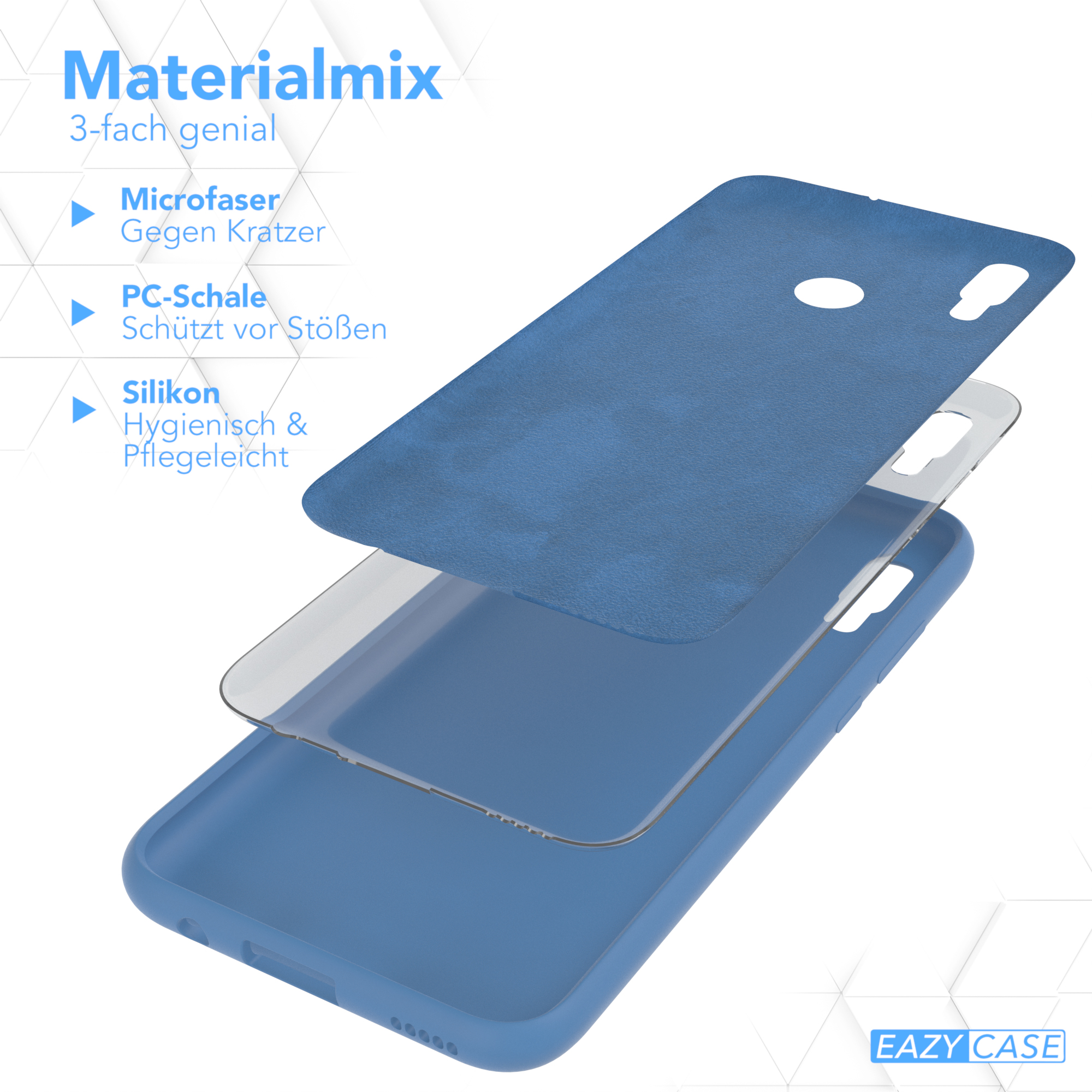 Explosionszeichnung einer blauen Handyhülle, Schichten: Mikrofaser, PC-Schale, Silikon. Text: Materialmix.