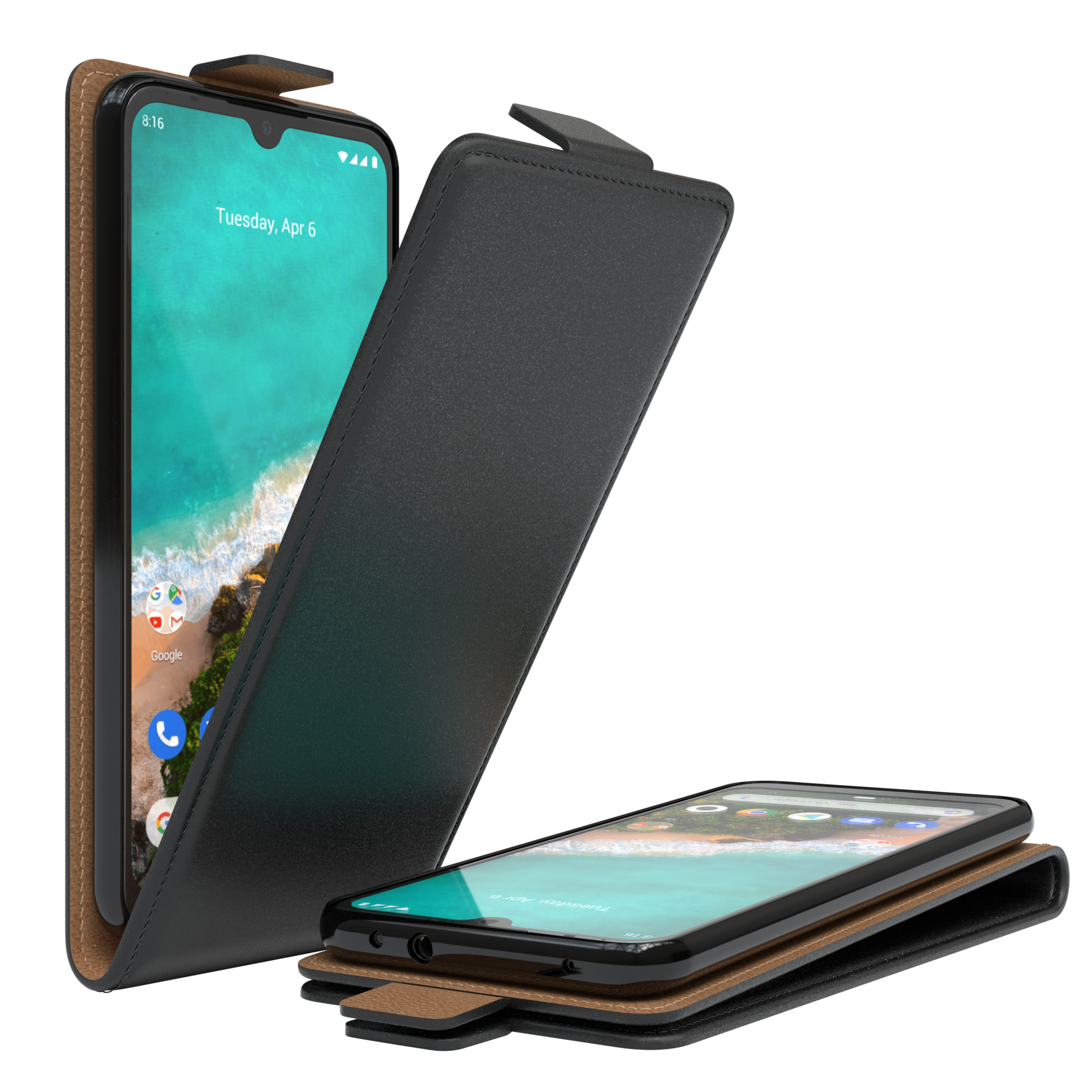 Handyhülle mit Telefon darin. Zeigt einen Bildschirm mit Strand. Die Hülle ist schwarz und braun.