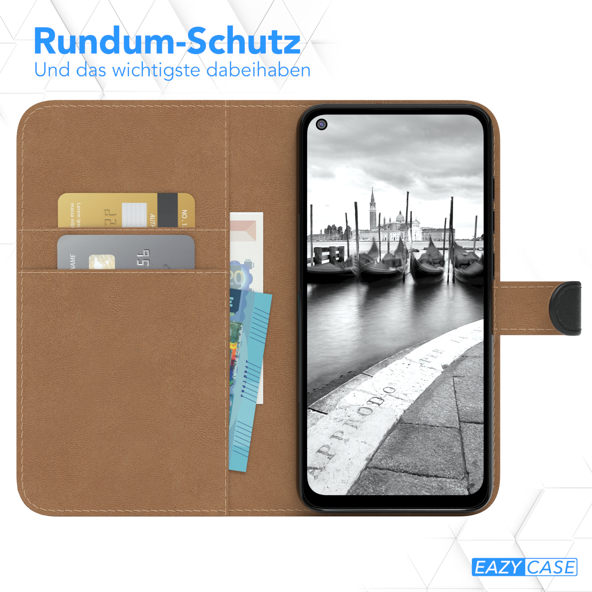 Eine Handyhülle mit einem Telefon darin. Es hat Schlitze für Karten und Bargeld. Der Bildschirm zeigt Venedig.