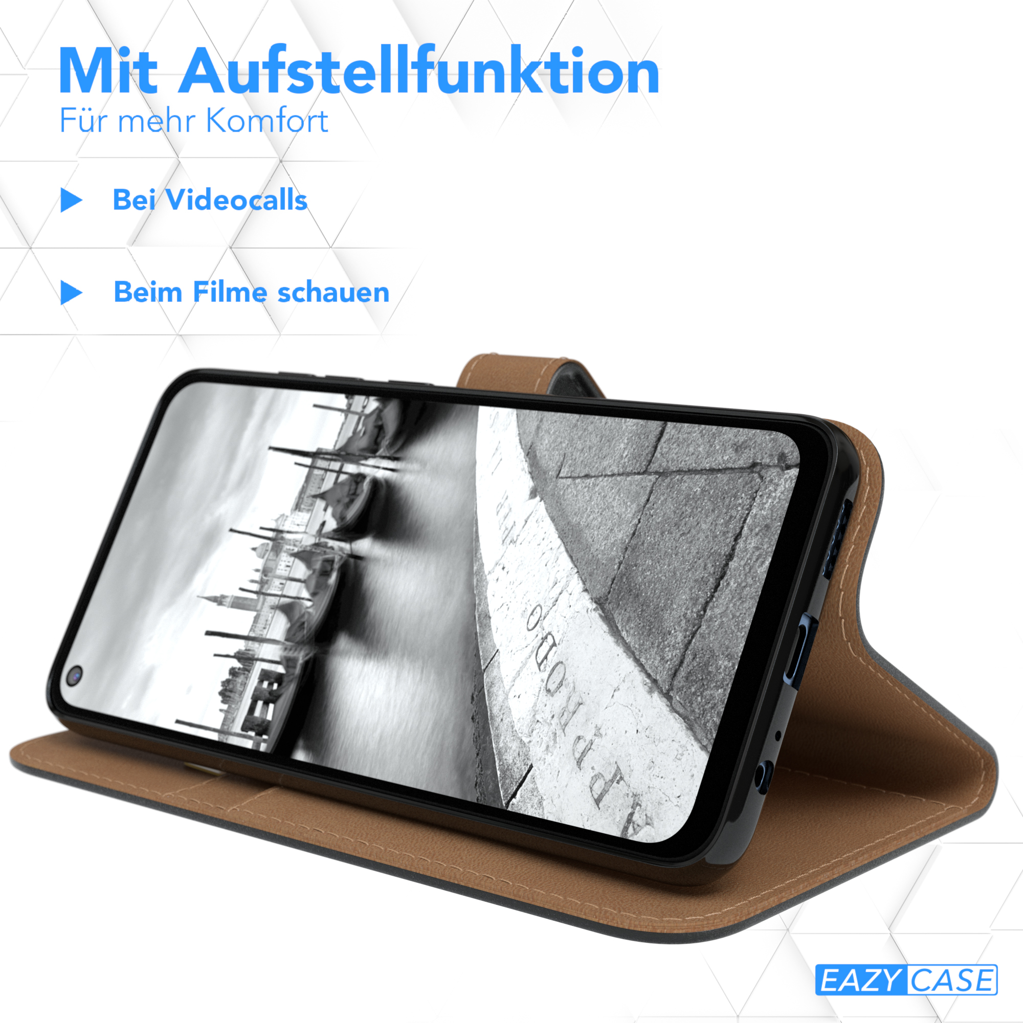 Telefon in brauner Hülle, geöffnet. Zeigt einen Bildschirm mit Stadtansicht.