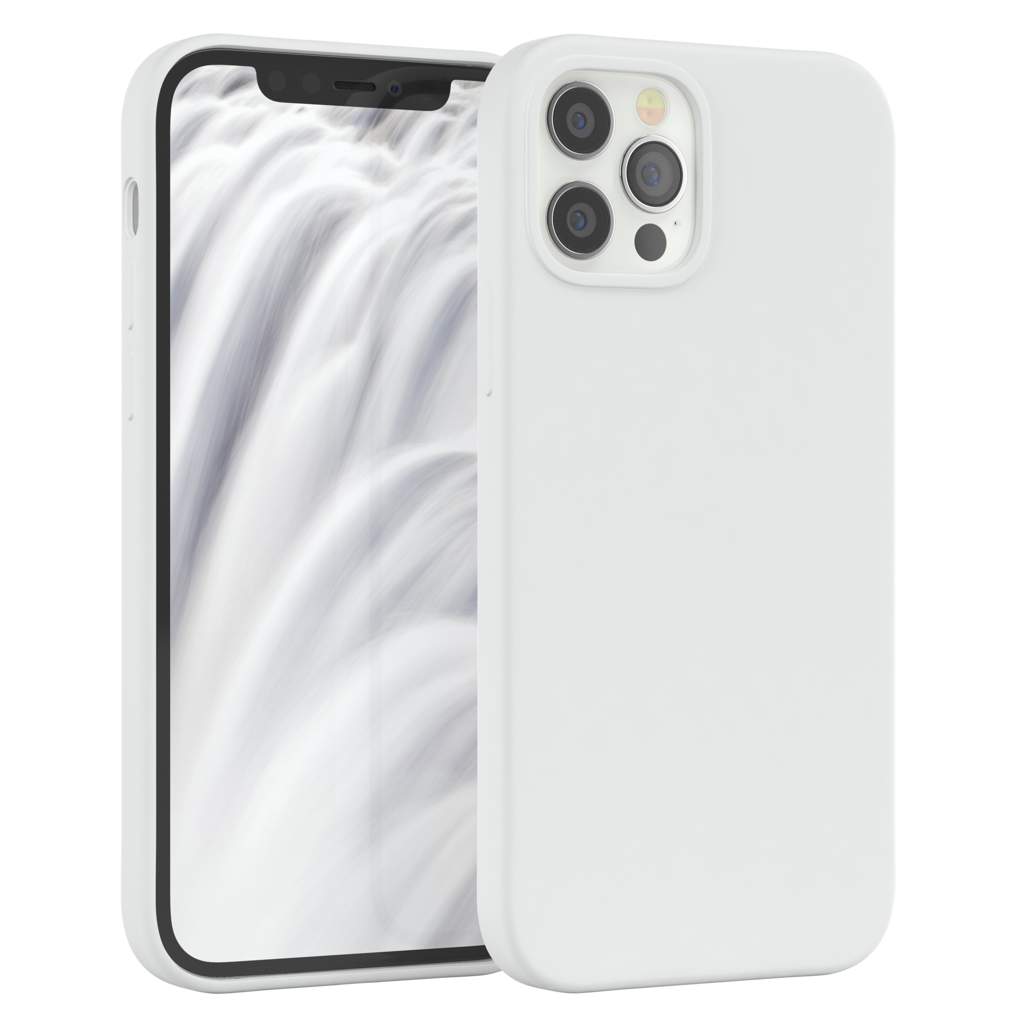 Weiße Handyhülle neben einem Telefon, das ein verschwommenes weißes Bild zeigt. Die Hülle ist weiß.