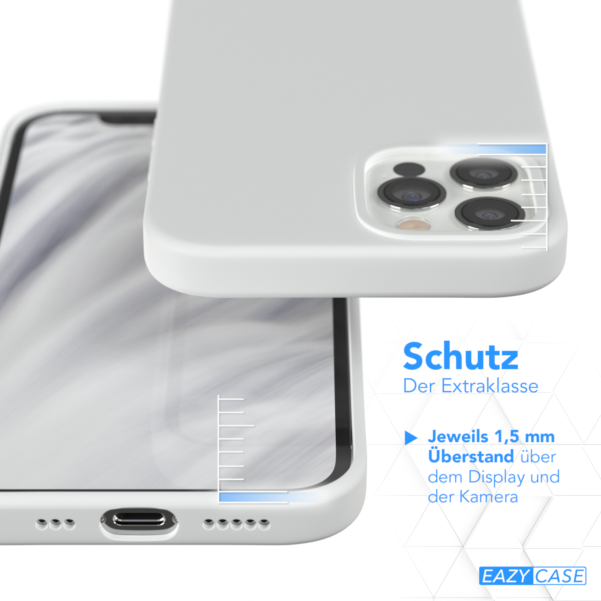 Eine weiße Handyhülle mit einem Telefon darin, mit einer schützenden Kante. Text: Schutz Der Extraklasse.