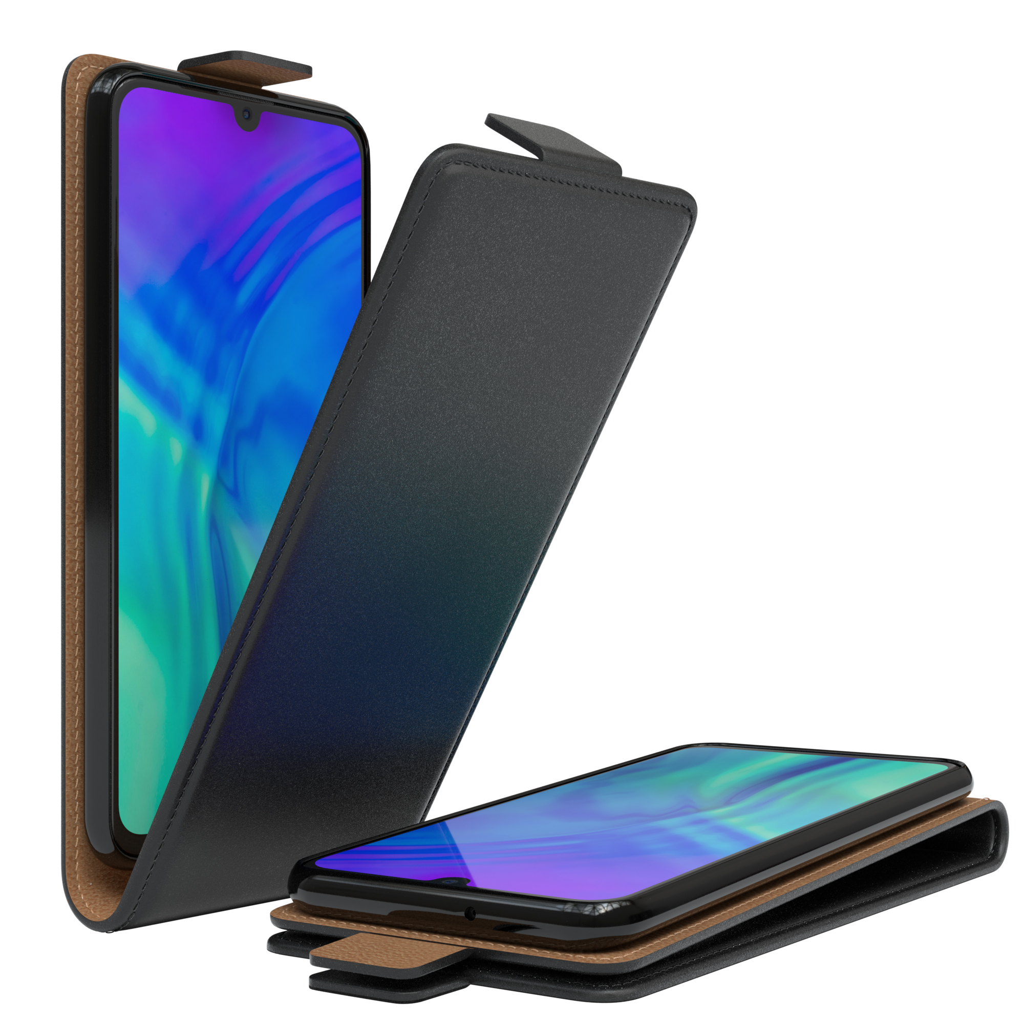 Telefon in einer Hülle, offen, zeigt den Bildschirm des Telefons. Die Hülle ist schwarz und braun.