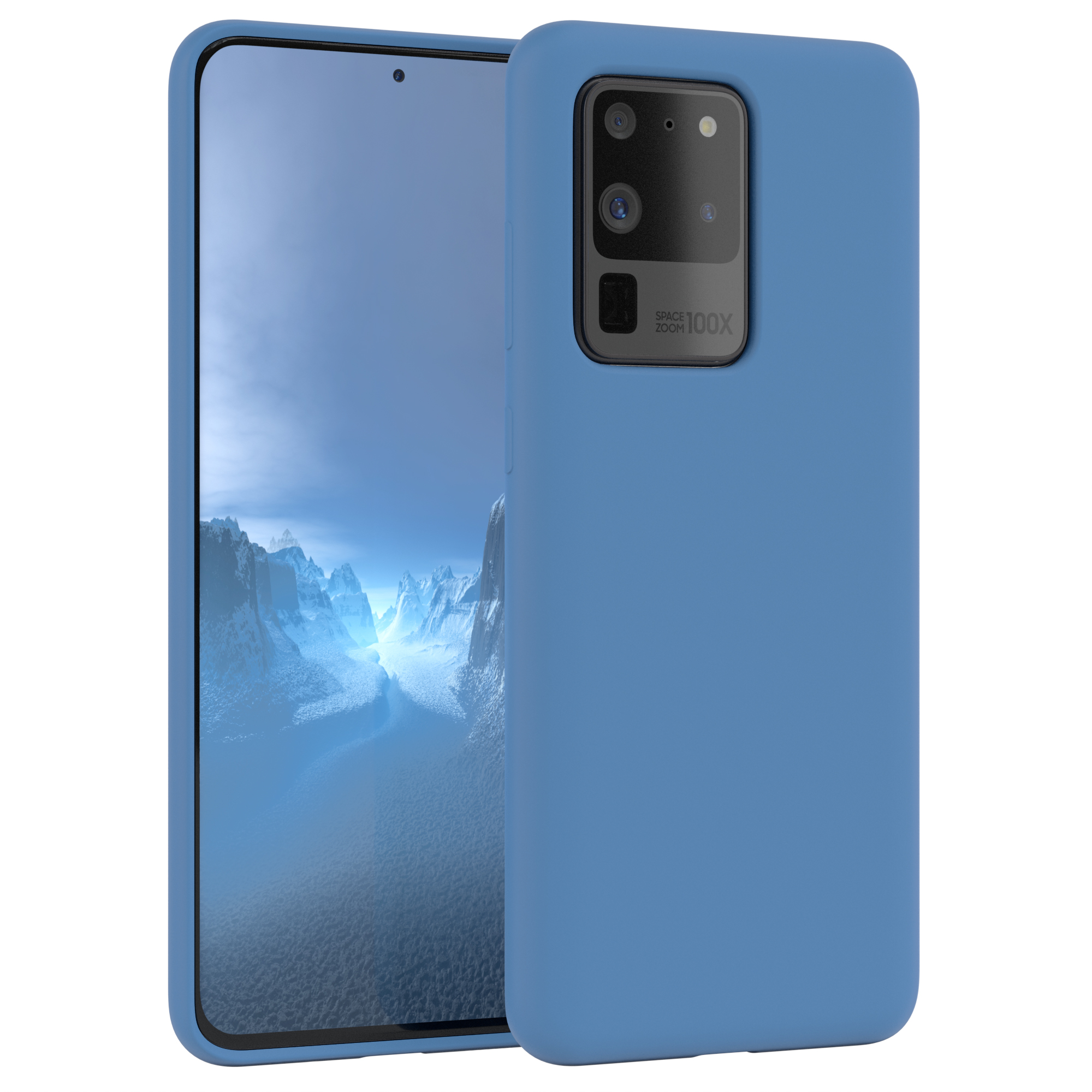 Blaues Telefon mit Hülle, Berglandschaft. Rückkamera sichtbar.