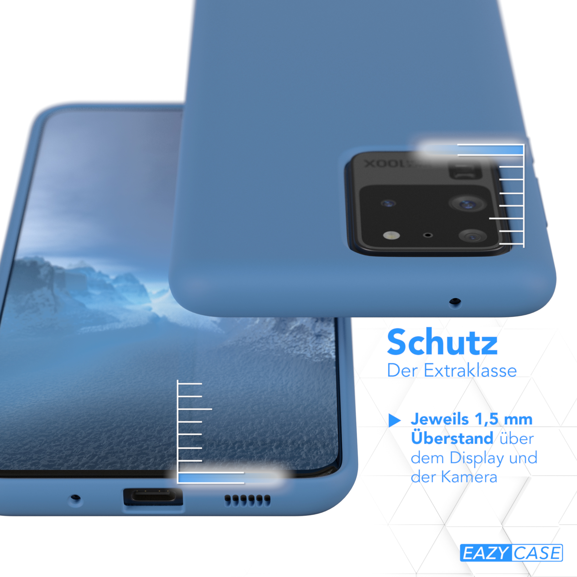 Eine blaue Handyhülle. Text: Schutz. 1,5 mm über Display und Kamera.