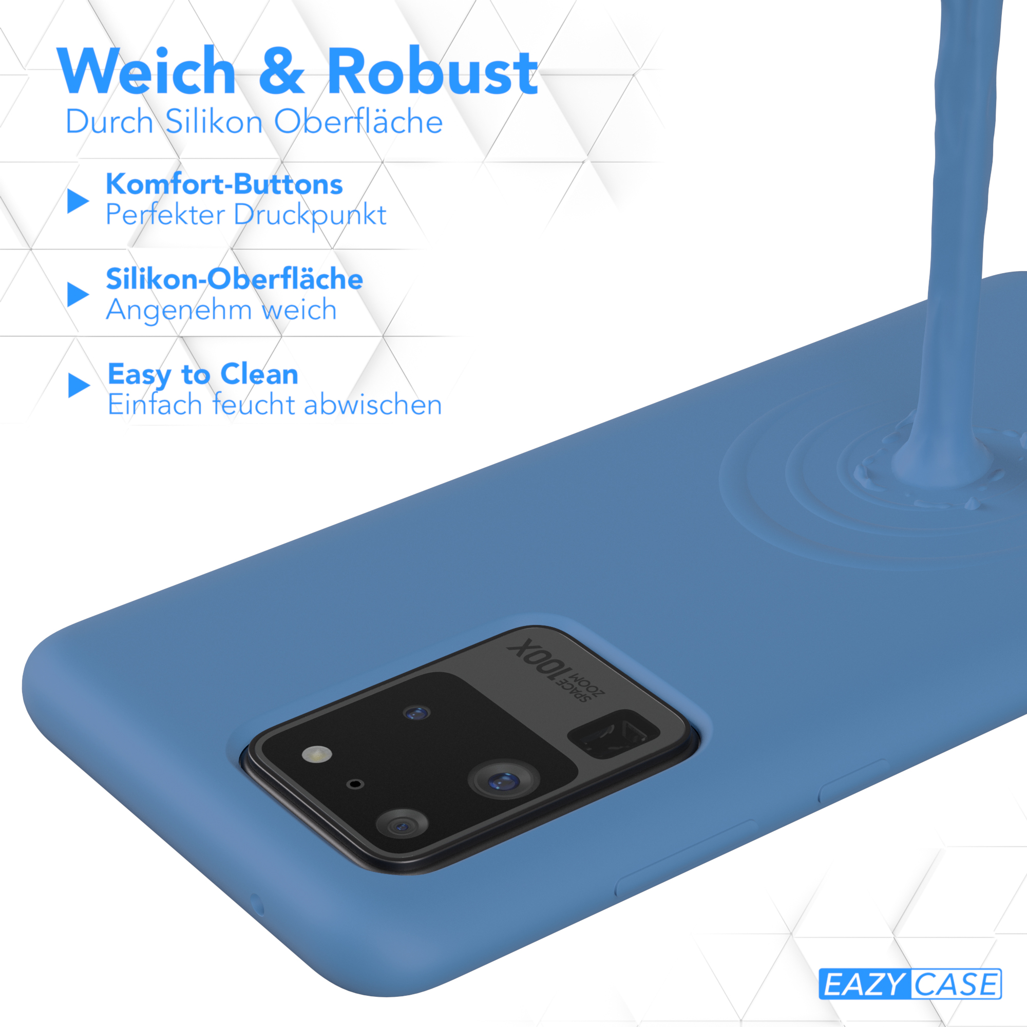 Eine blaue Handyhülle, mit Flüssigkeit, die darüber fließt, und ein Telefon darin.