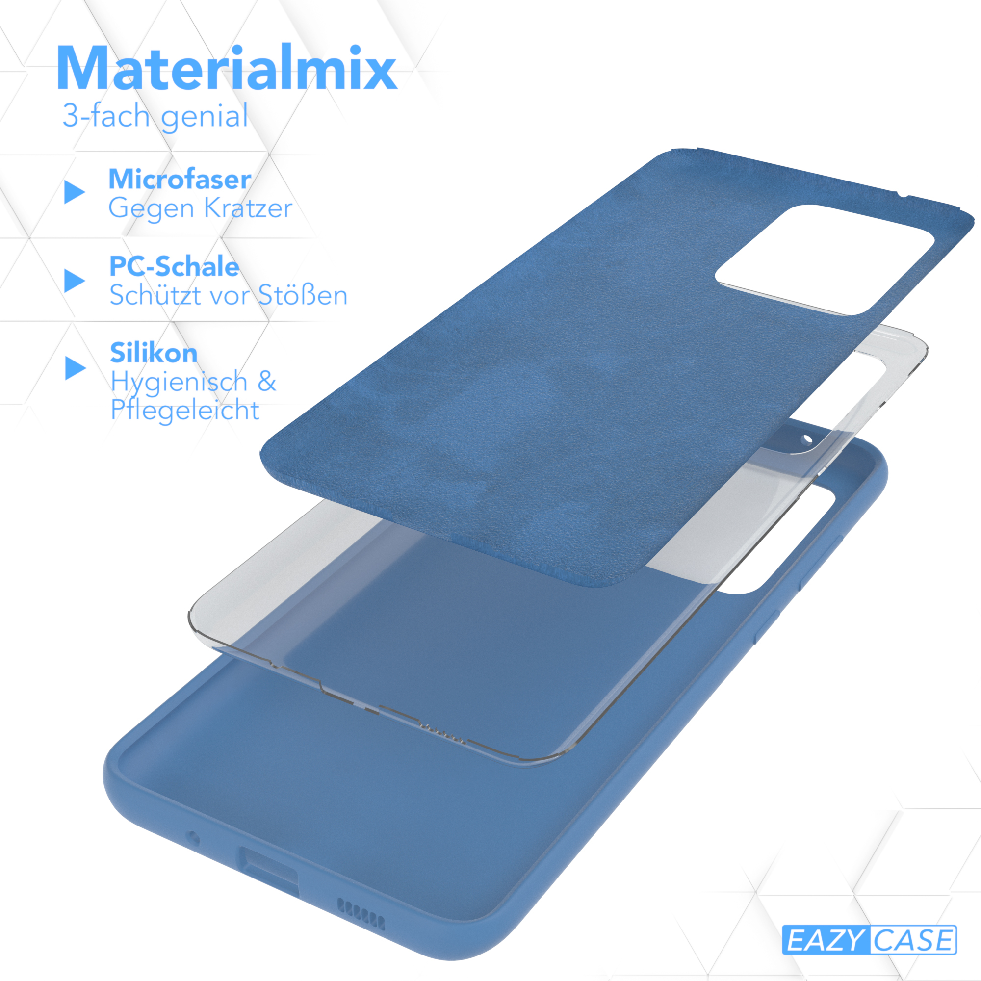 Blaue Handyhüllen-Schichten mit Mikrofaser, PC-Schale und Silikon.