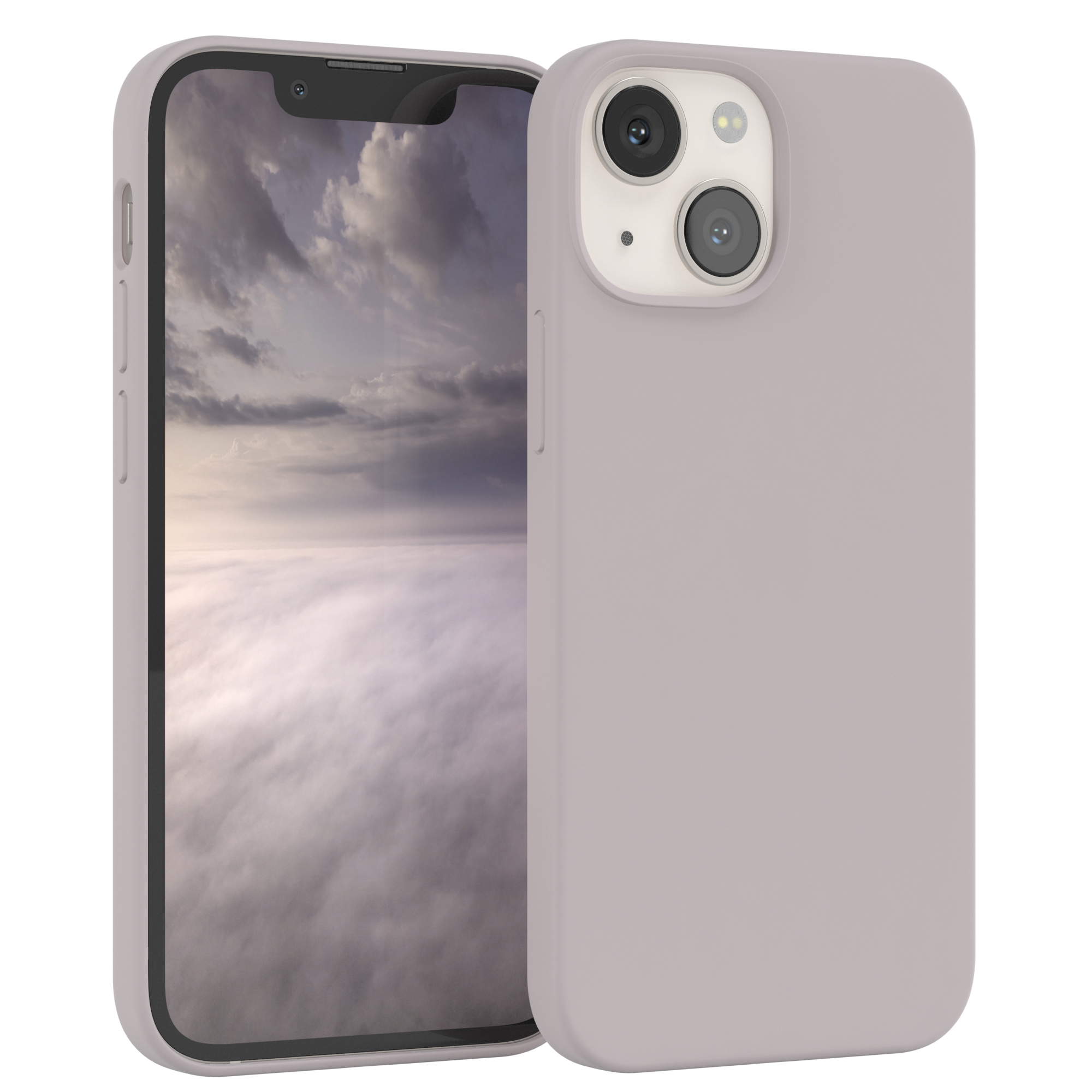 Smartphone mit Hülle. Telefon zeigt Wolken. Die Hülle ist hellviolett.