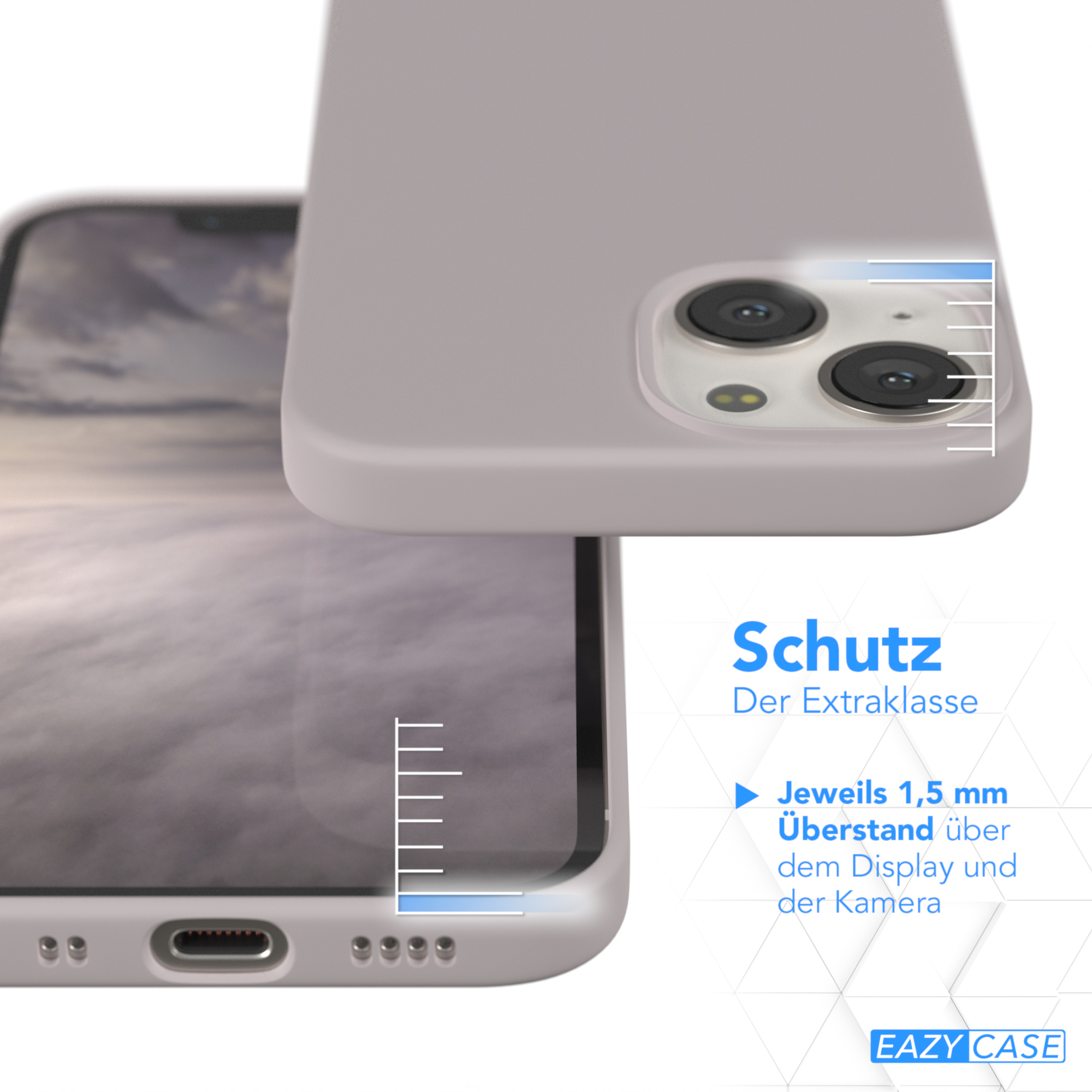 Telefon und Hülle. Die Hülle ist hellgrau. Text zeigt 1,5 mm Schutz über Display und Kamera.
