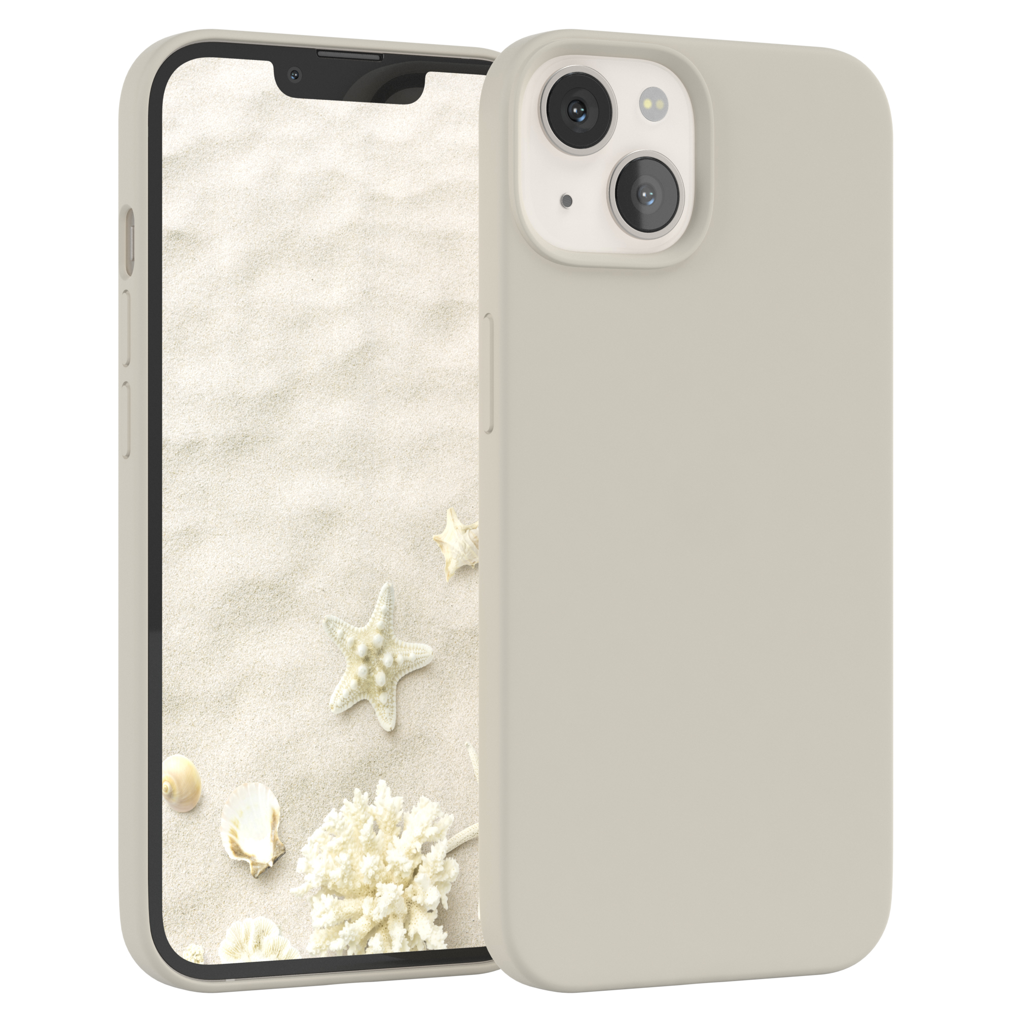 Beige Handyhülle, offen, zeigt ein Telefon mit Strandhintergrund auf dem Bildschirm.