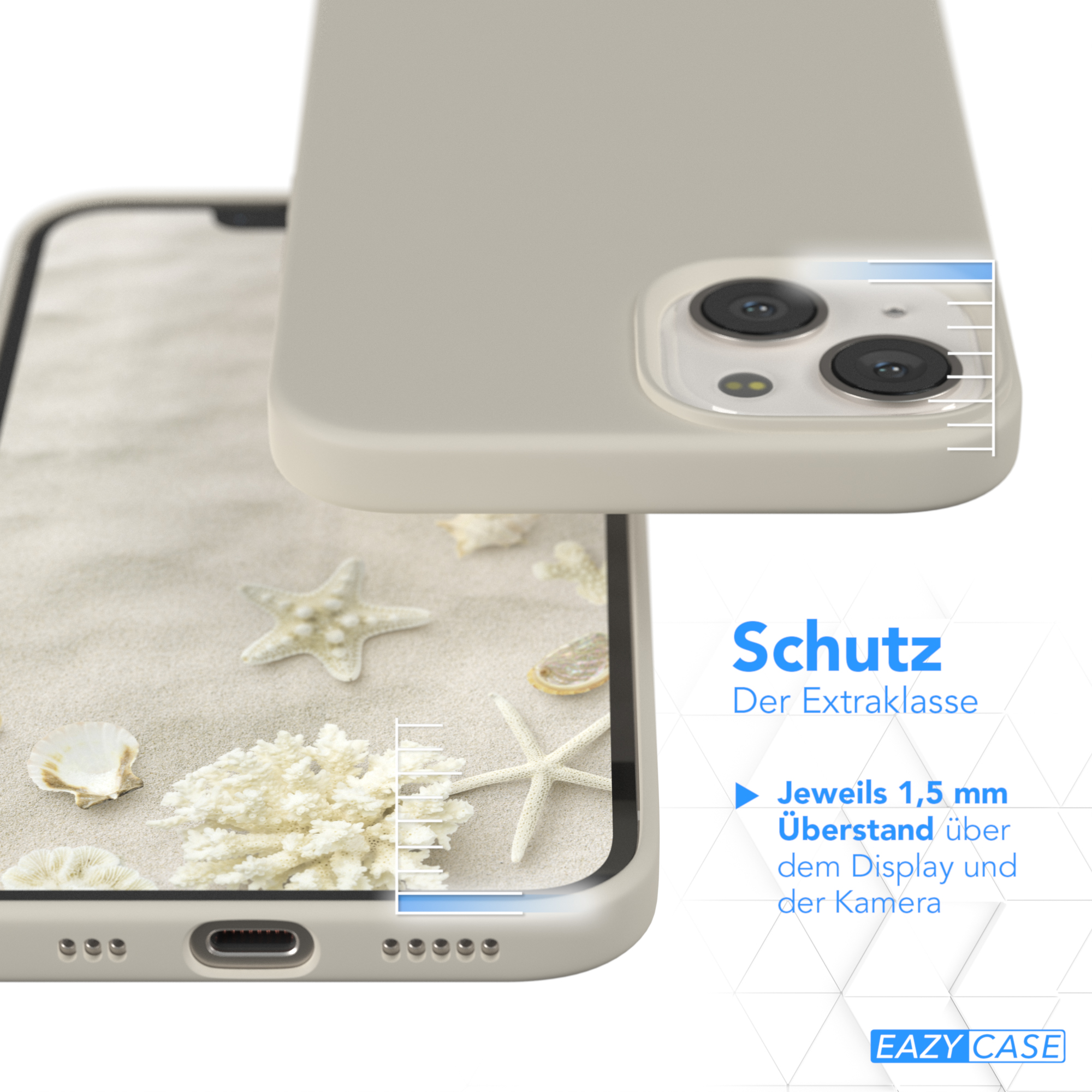Eine Handyhülle neben einer Strandszene mit Sand, Seesternen und Muscheln.