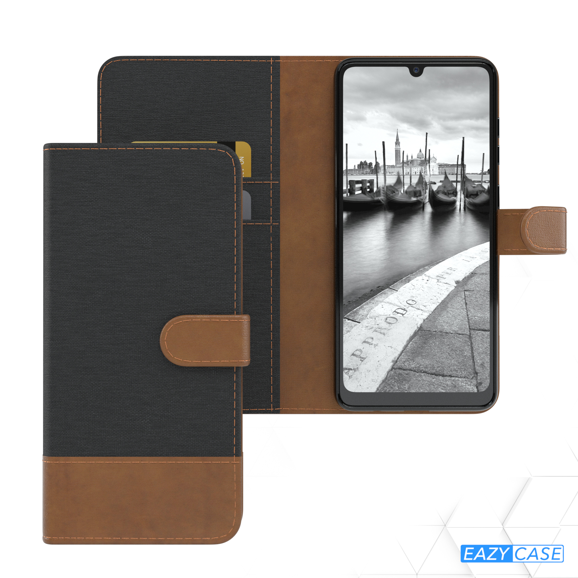 Schwarz-braune Handyhülle, mit einem Telefon, das ein Schwarz-Weiß-Bild von Venedig zeigt.