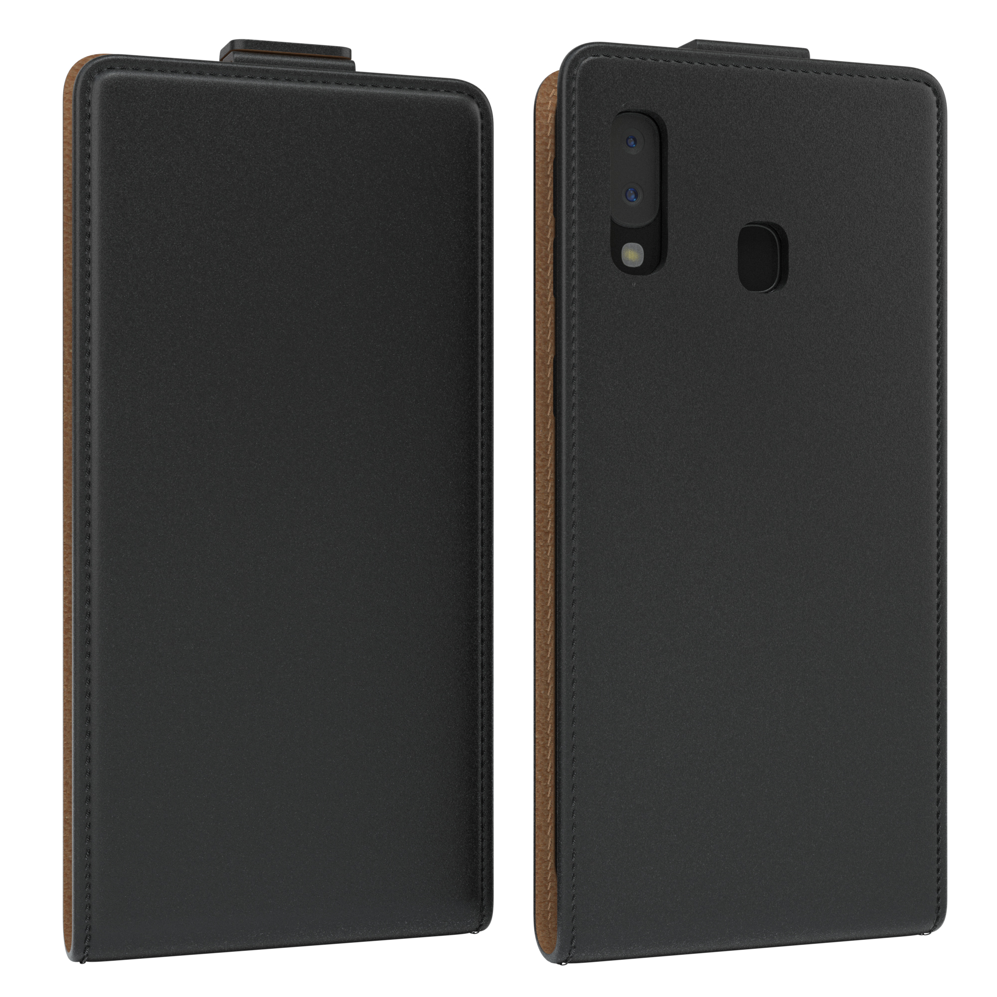 Eine schwarze Handyhülle, geöffnet, zeigt das Handy. Braune Kanten sind sichtbar.