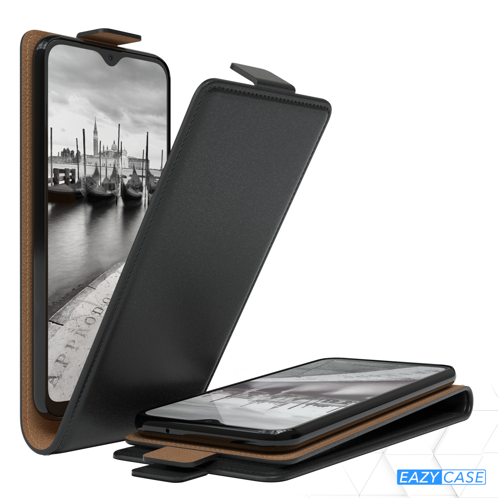 Schwarze und braune Handyhülle mit schwarzem Telefon auf weißem Hintergrund. Die Hülle ist geöffnet.